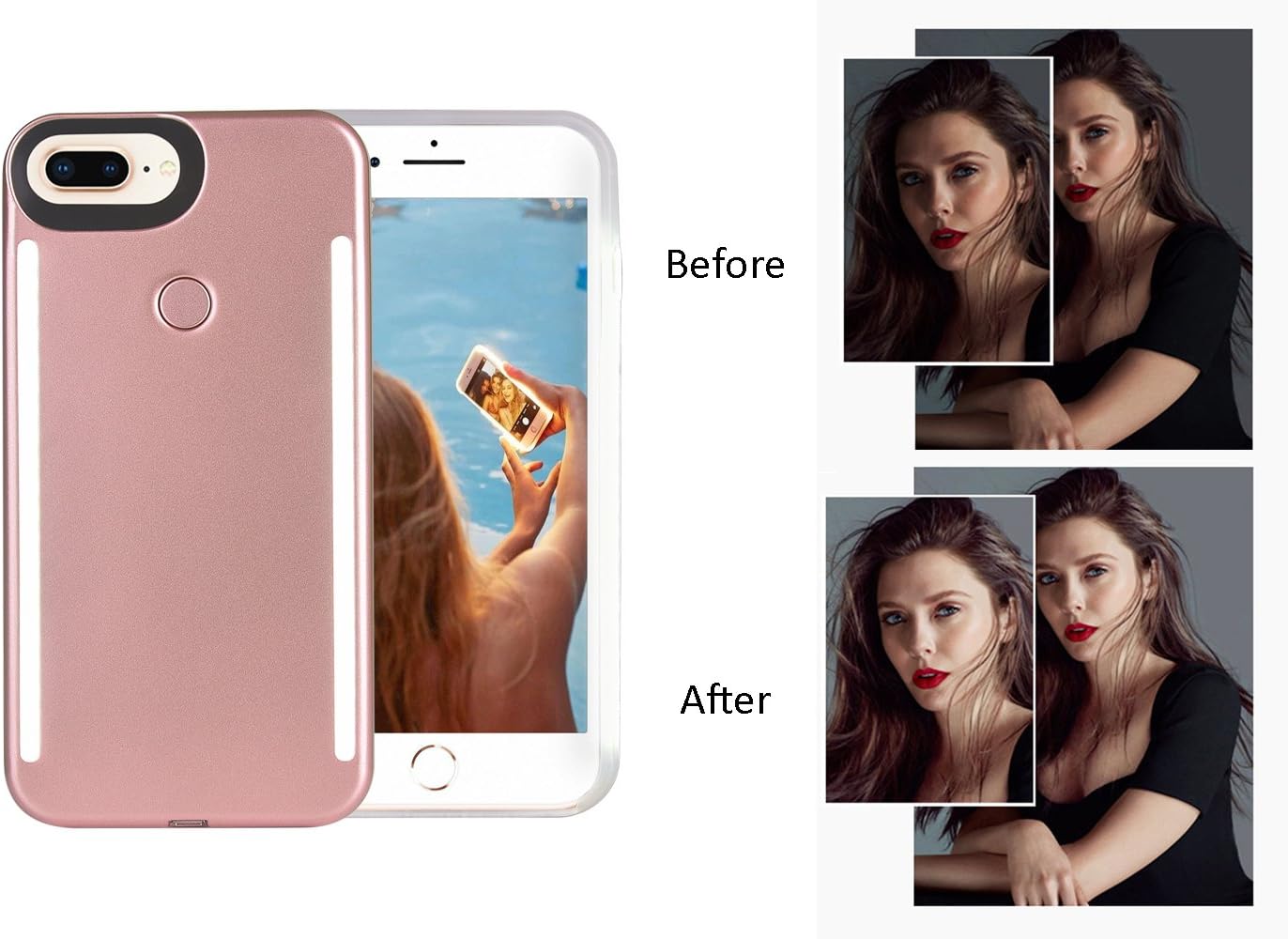 Wellerly iPhone 8 Plus Case, iPhone 7 Plus Case, iPhone 6/6s Plus Case, LED Illuminated Selfie Light Up [Rechargeable] Luminous Flashlight Cellphone Case Cover for iPhone 8/7 / 6/6s Plus -Rose Gold
