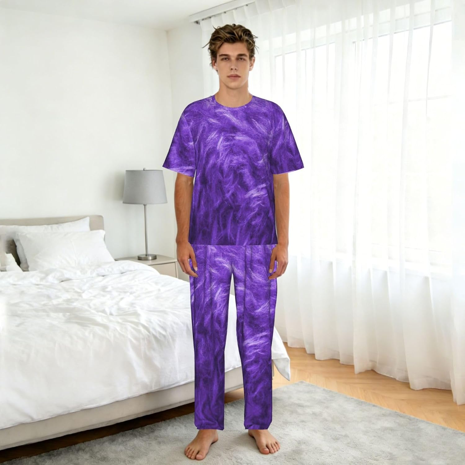 Men'S 2 Piece Loungewear Pajama Set Purple Print Short Sleeve Tee Top And Pants Set S-3xl