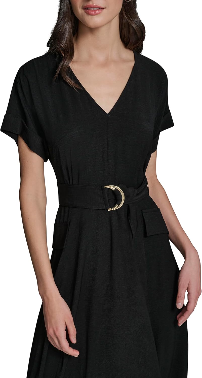 Karl Lagerfeld Women's Short Sleeve V-Neck Hanky Hem Belted Satin Midi Dress
