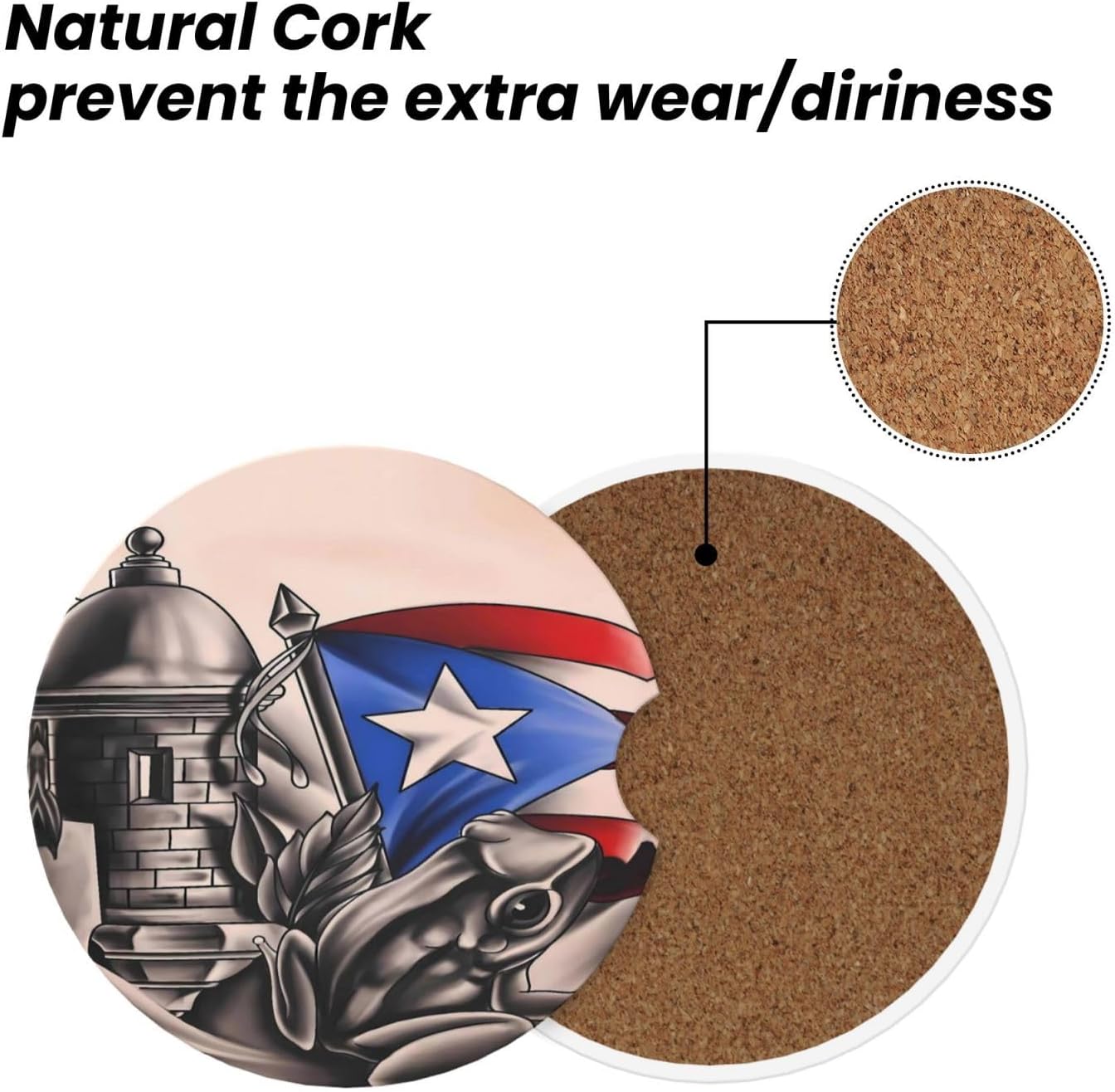 Puerto Rico Frog Flag Car Coasters for Cup Holders 2 Pack Universal Anti Slip Car Cup Holder Coasters 2.56 Inch Absorbent Ceramic Drink Mat with Cork Base Finger Notch Auto Interior Accessories