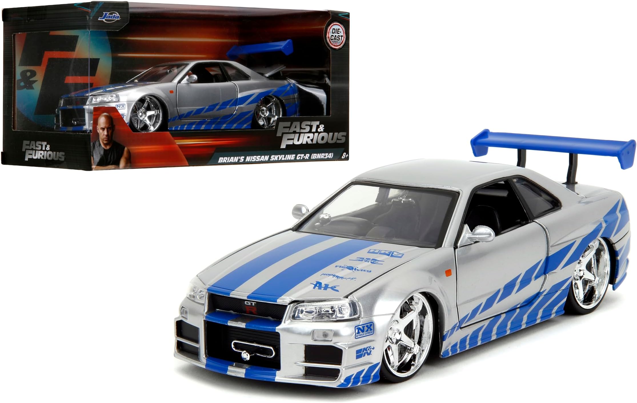 Jada Toys Fast & Furious Brian’s 2002 Nissan Skyline R34 Die-cast Car, 1:24 Scale, Silver & Blue