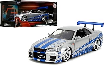 Jada Toys Fast & Furious Brians 2002 Nissan Skyline R34 Die-cast Car, 124 Scale, Silver & Blue