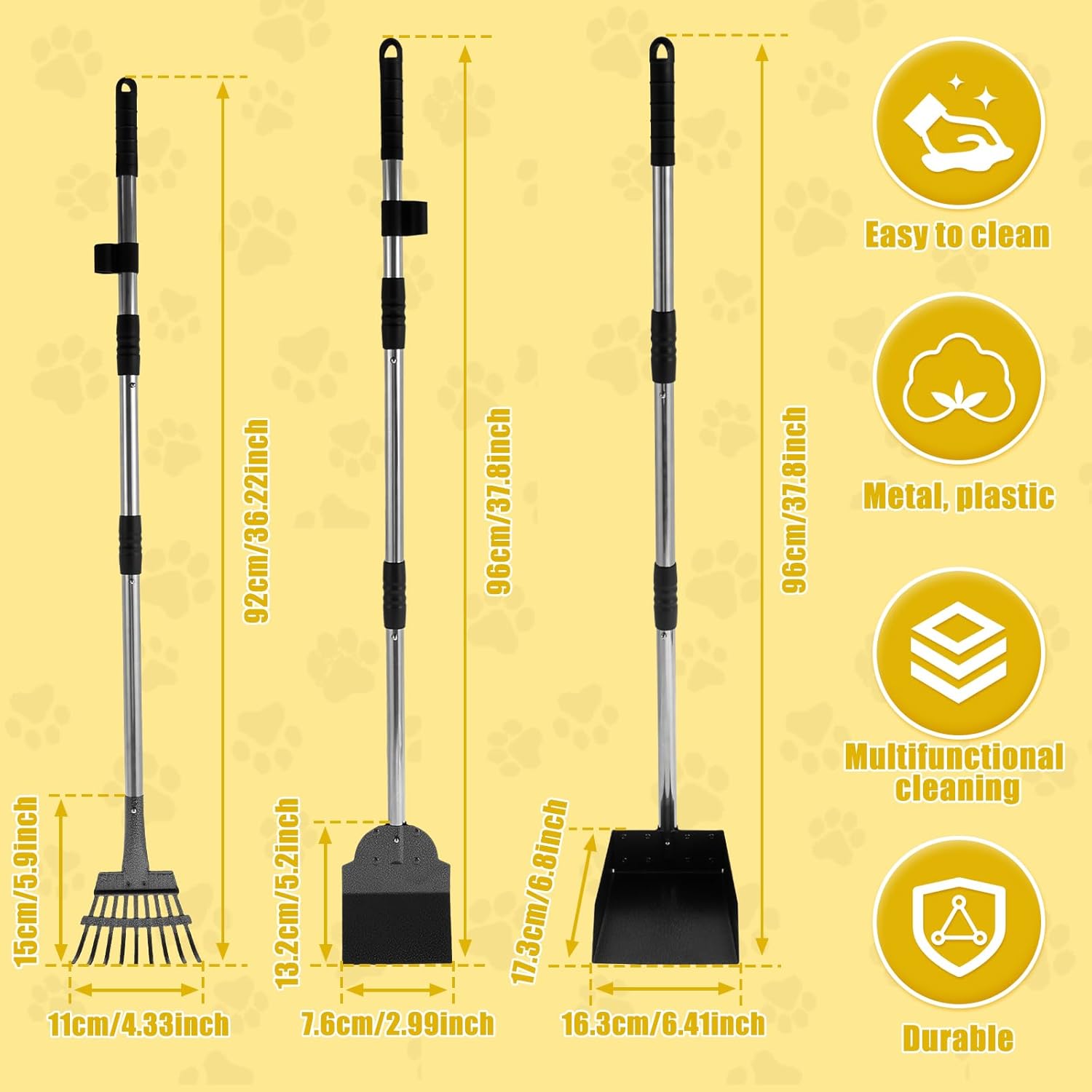 US 3 Pcs Pooper Scooper Metal Tray Rake and Spade Set with Long Handle Sturdy Dog Pooper Scooper Multifunctional Poop Scoop for Pet Waste Removal on Grass Dirt and Gravel