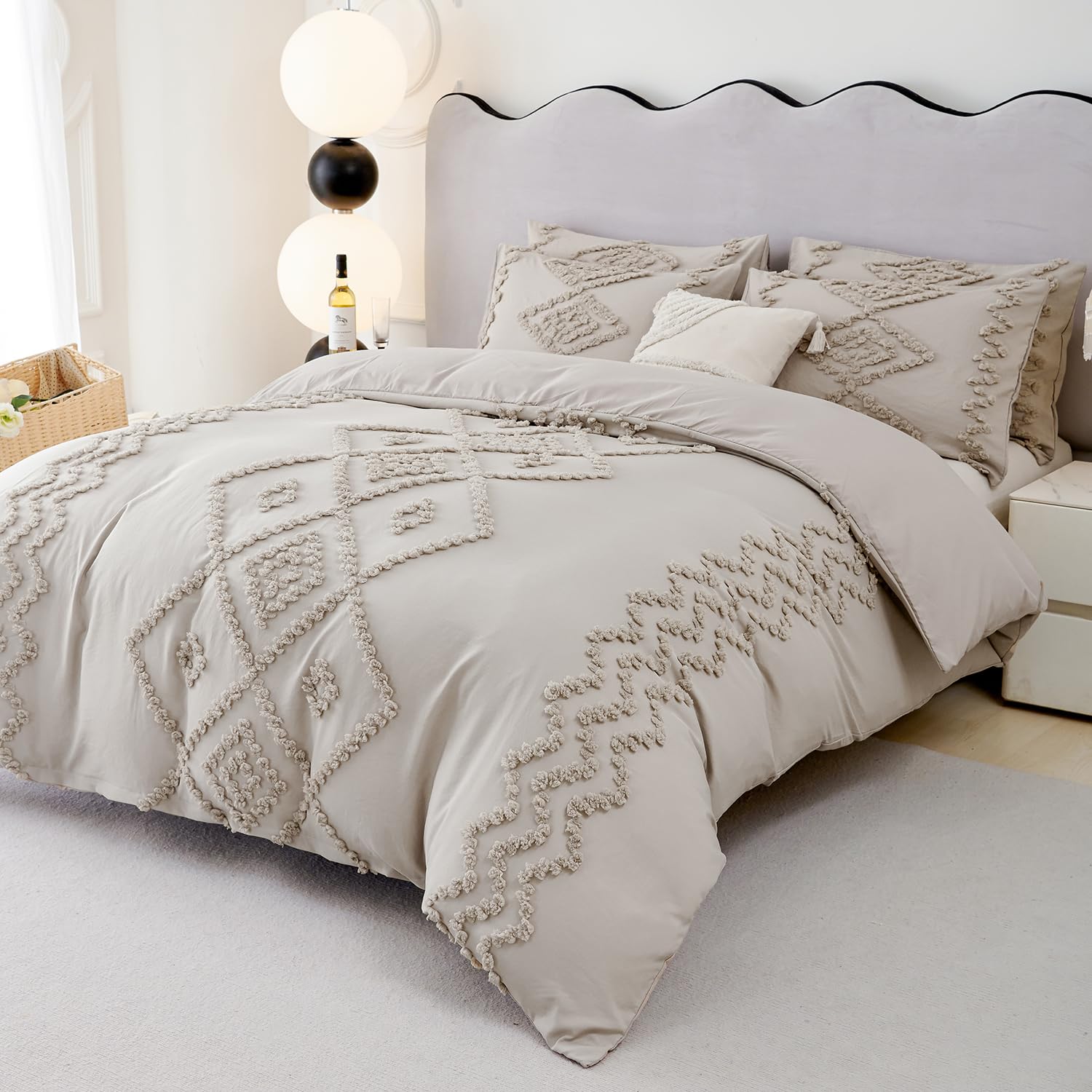 URBONUR Tufted Duvet Cover King Size, Soft and Lightweight Duvet Covers Set for All Season, 3 Pieces Boho Embroidery Geometric Tufts Bedding Set (Beige Grey, King, 104''x90'')