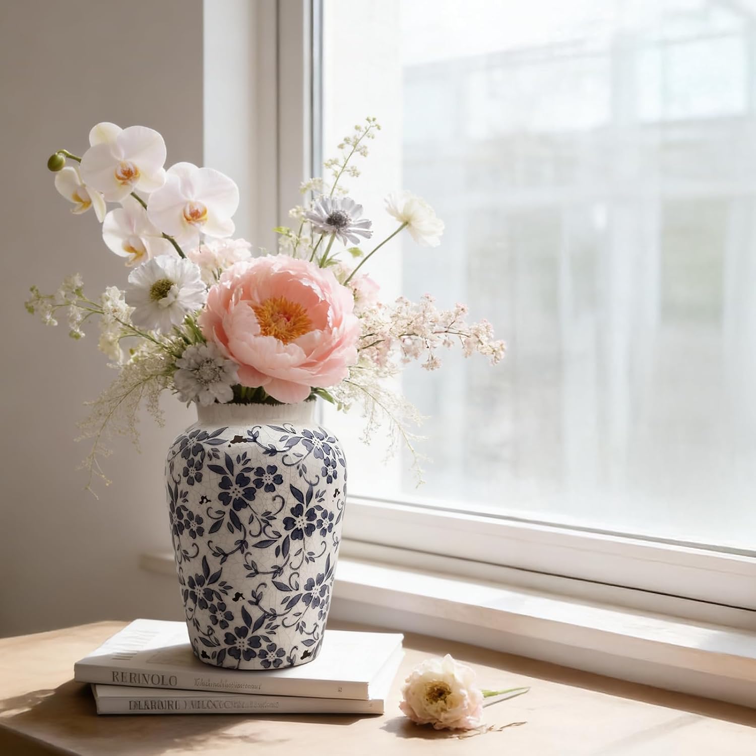 Blue and White Vases, Chinoiserie Ceramic Vase for Home Decor, 9.6" Vintage Vase for Living Room, Centerpiece Table, Shelf, and Balcony Decor (Large) - Image 2