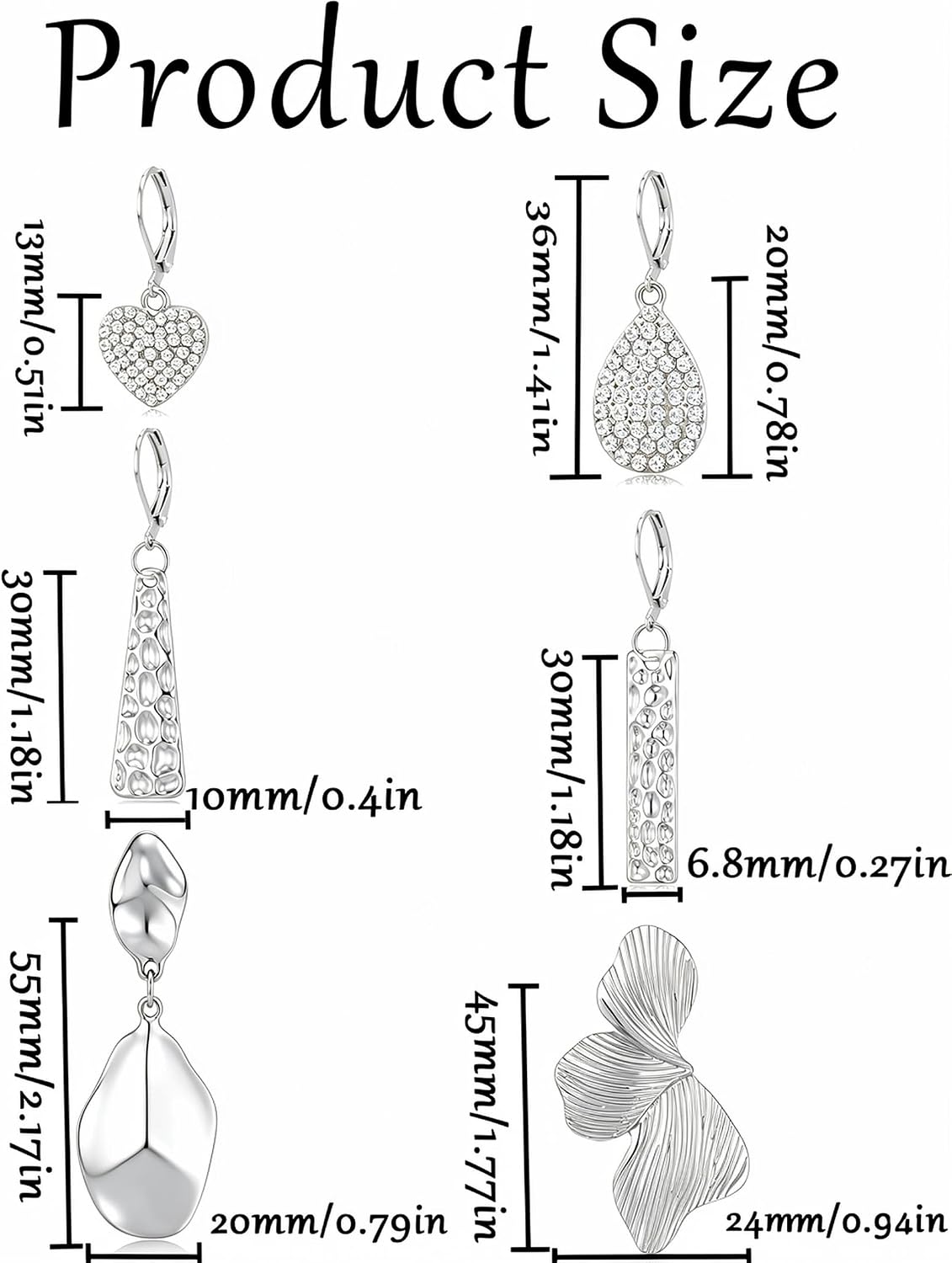 6 Pairs Dangle Earrings for Women CZ Teardrop Heart Hammered Petal Leaf Trapezoid Bar Leverback Drop Dangle Earrings Hypoallergenic Chunky Statement Jewelry Gift Gold Silver Plated image 2