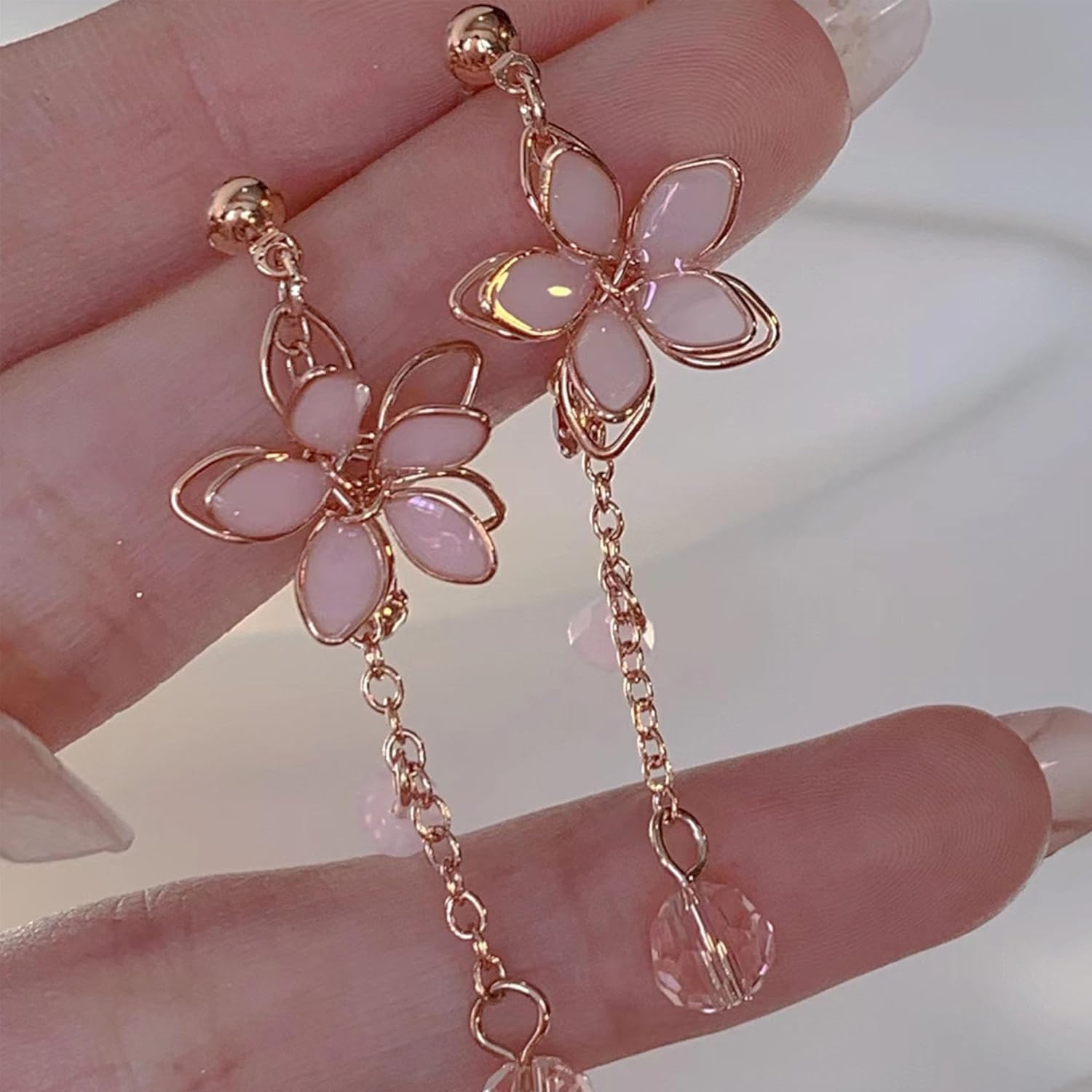 Pink Cherry Blossom Dangle Stud Earrings for Women Cute Enamel Diamond Flower Drop Dangling Earrings Wedding Birthday Party Jewelry Gifts - Image 6