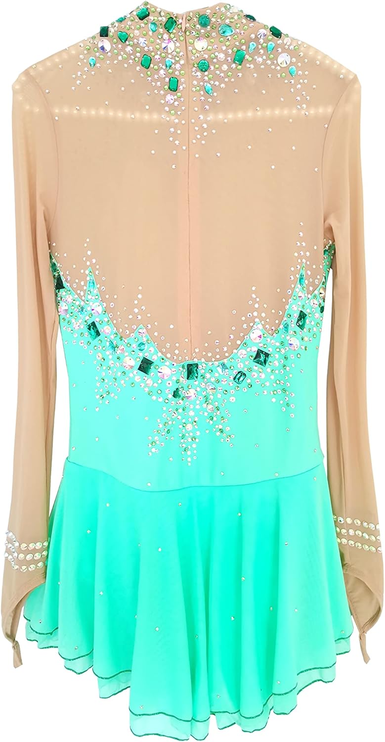 Ice Figure Skating Dress Girls Women Green Diamond Inlaid Gemstone Competition Dress