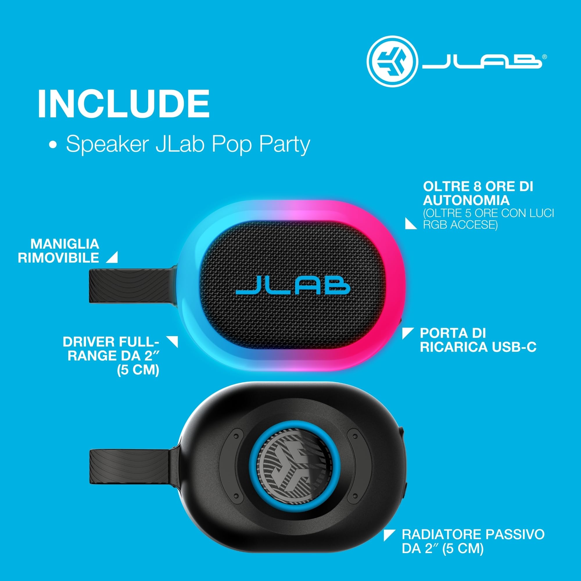 JLab Pop Party Cassa Bluetooth Ultra-Portatile con 8+ ore di riproduzione - Altoparlante Wireless da 5W per Esterni e Viaggi con Luci RGB e Audio Potente, Resistente all'Acqua IP55, Blu navy