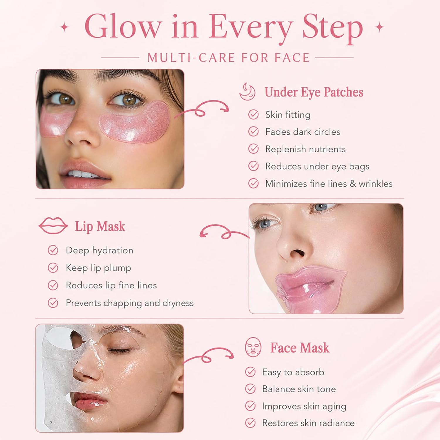 30 Pairs Sakura Lip Mask & Eye Mask & Face Mask, Eye Patches for Puffy Eyes and Dark Circles, Moisturizing Lip Mask, Face Mask Skincare, Pink Bulk Small Gifts for Birthday, Travel and Self Care