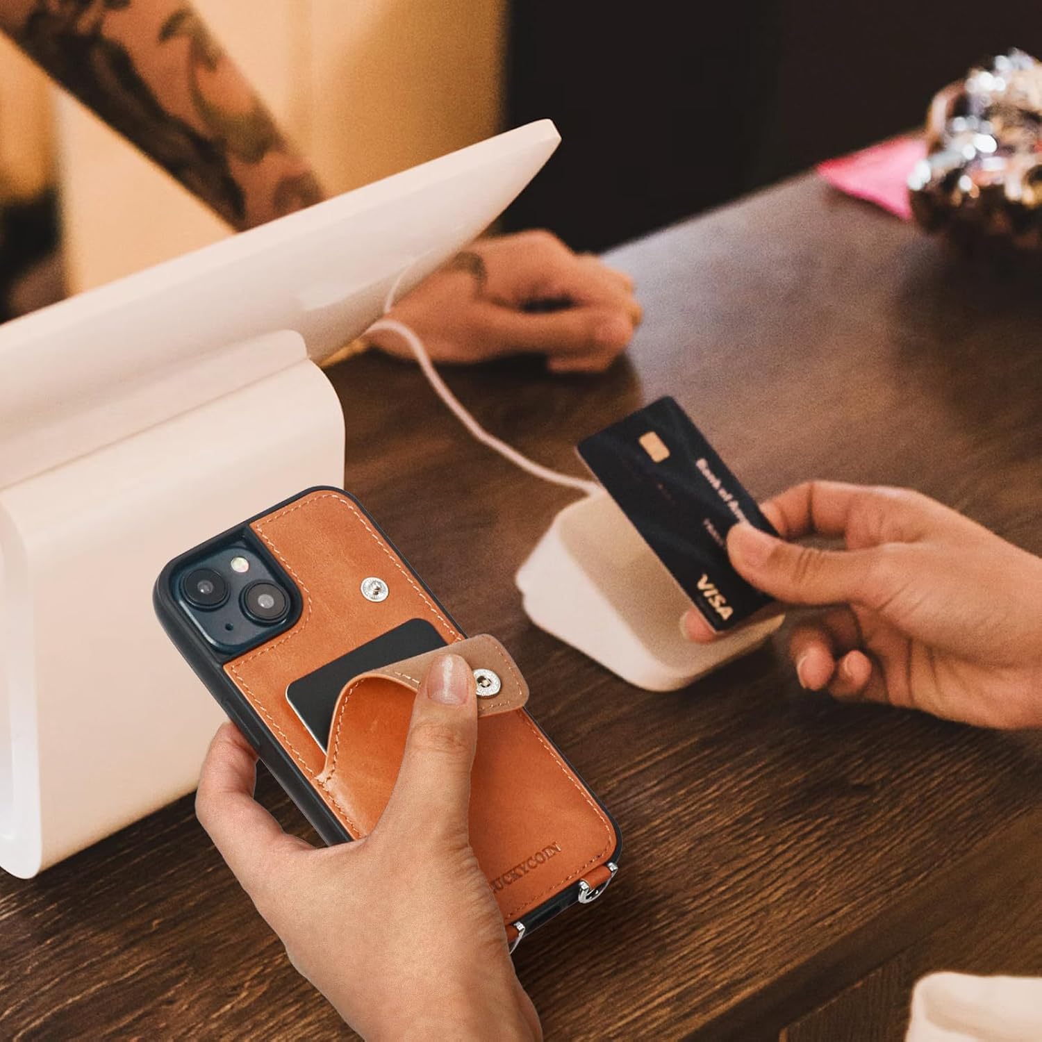 LUCKYCOIN Crossbody Wallet Purse Case for iPhone 15,Genuine Leather Drop-Protection Phone Case for Women with Expandable Card Holder & Adjustable Strap,Hands-Free for Travel & Daily Use -Brown