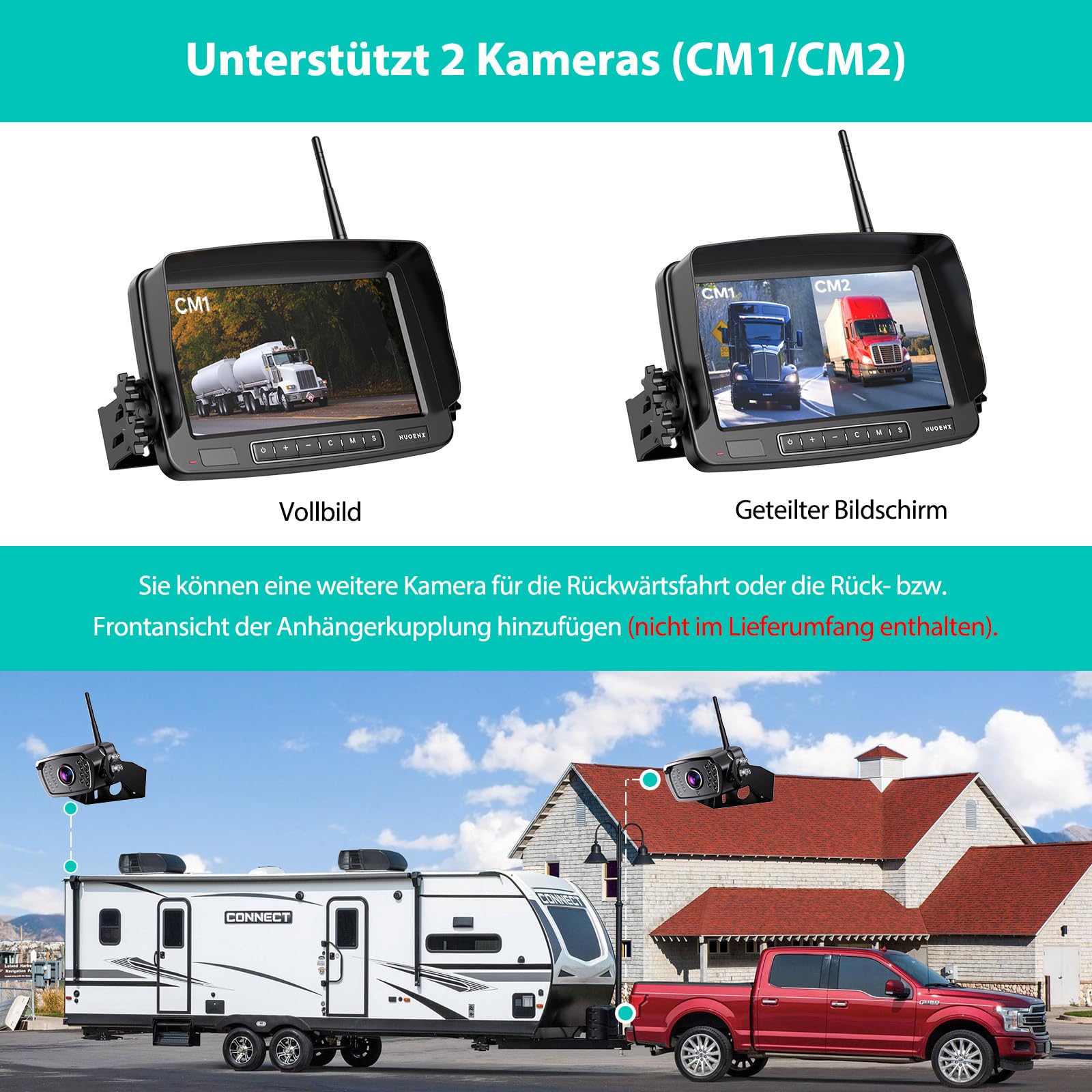 eRapta 7'' Kabellose Digital Rückfahrkamera Set, IP69 Wasserdicht, Nachtsicht für Wohnmobile Anhänger LKW