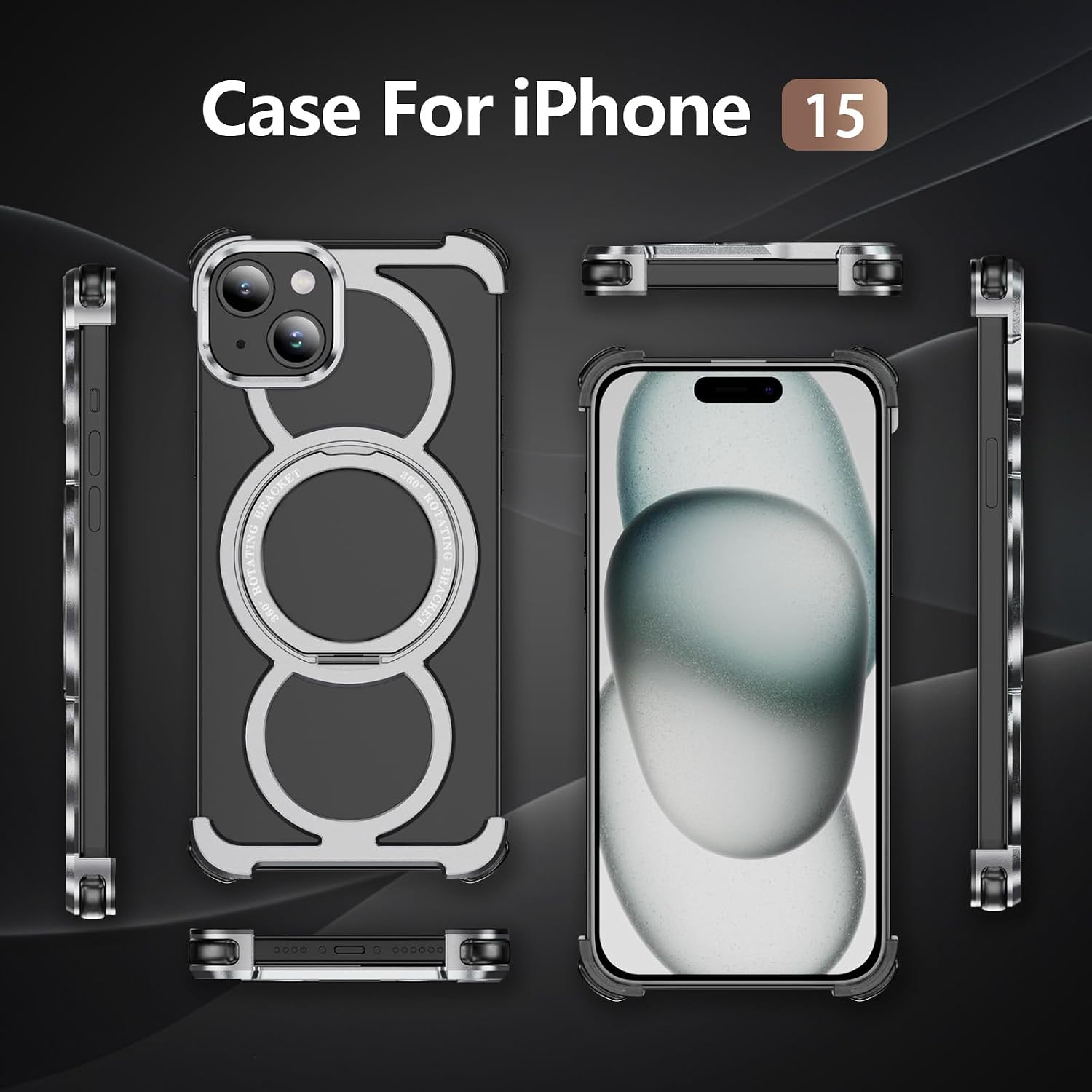 Skeleton Case for iPhone 15 Titanium Style Military-Grade Drop Protection 360° Rotating Kickstand Ring Grip Compatible with Quick Charge Bumper for Apple iPhone 15. AJ Silver