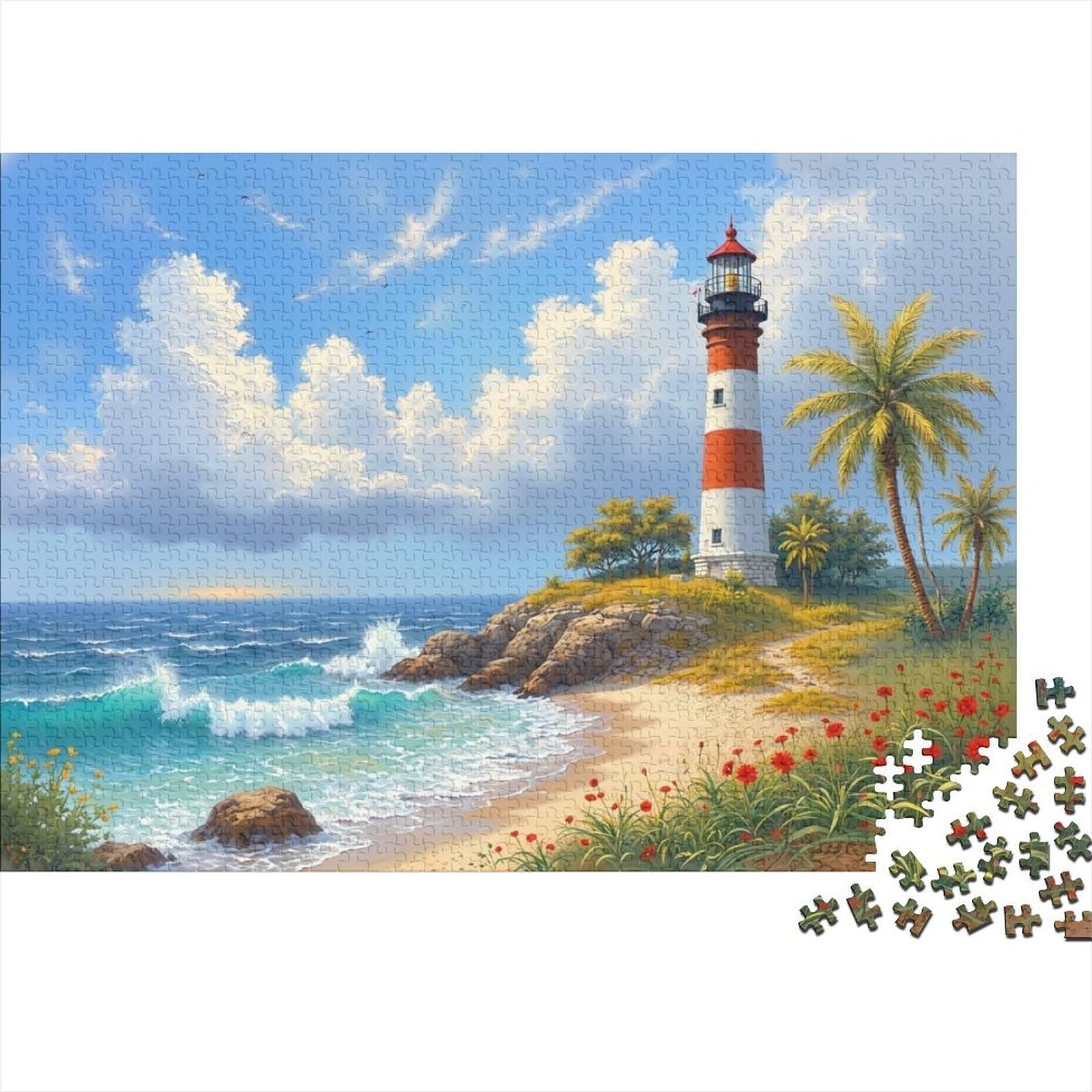 Lighthouse Beach Scene 1000 Piece Jigsaw Puzzle Paper for Adults Relaxation Focus Home Decor Gift 52x38cm/1000pcs