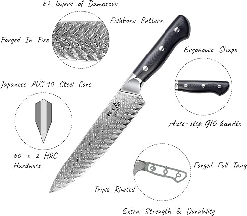 Miniatura 3 de Juego de cuchillos, 3 cuchillos de chef profesionales de Damasco, 67 capas de cuchillos de cocina forjados con núcleo de acero japonés AUS10, mango