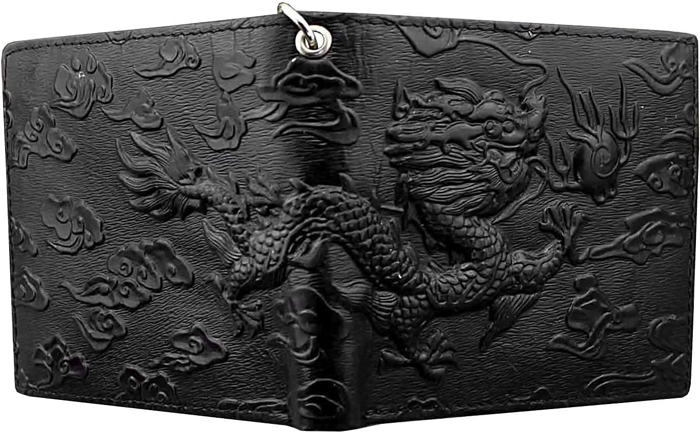 Balck Men Real Leather Vintage Dragon Wallet with Chain Card Holder Purse (horizontal style) black - Image 4