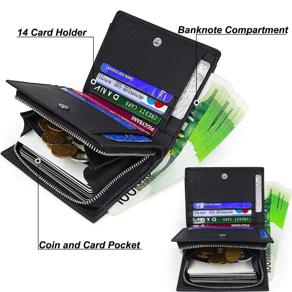 HNOOM Cartera Hombre Piel con Monedero Billetera Hombre con RFID Bloqueo Billeteras Bifold Hombres Monedero Hombre Pequeño con Cremallera 14 Ranuras para Tarjetas Carteras para Hombre con Cadena