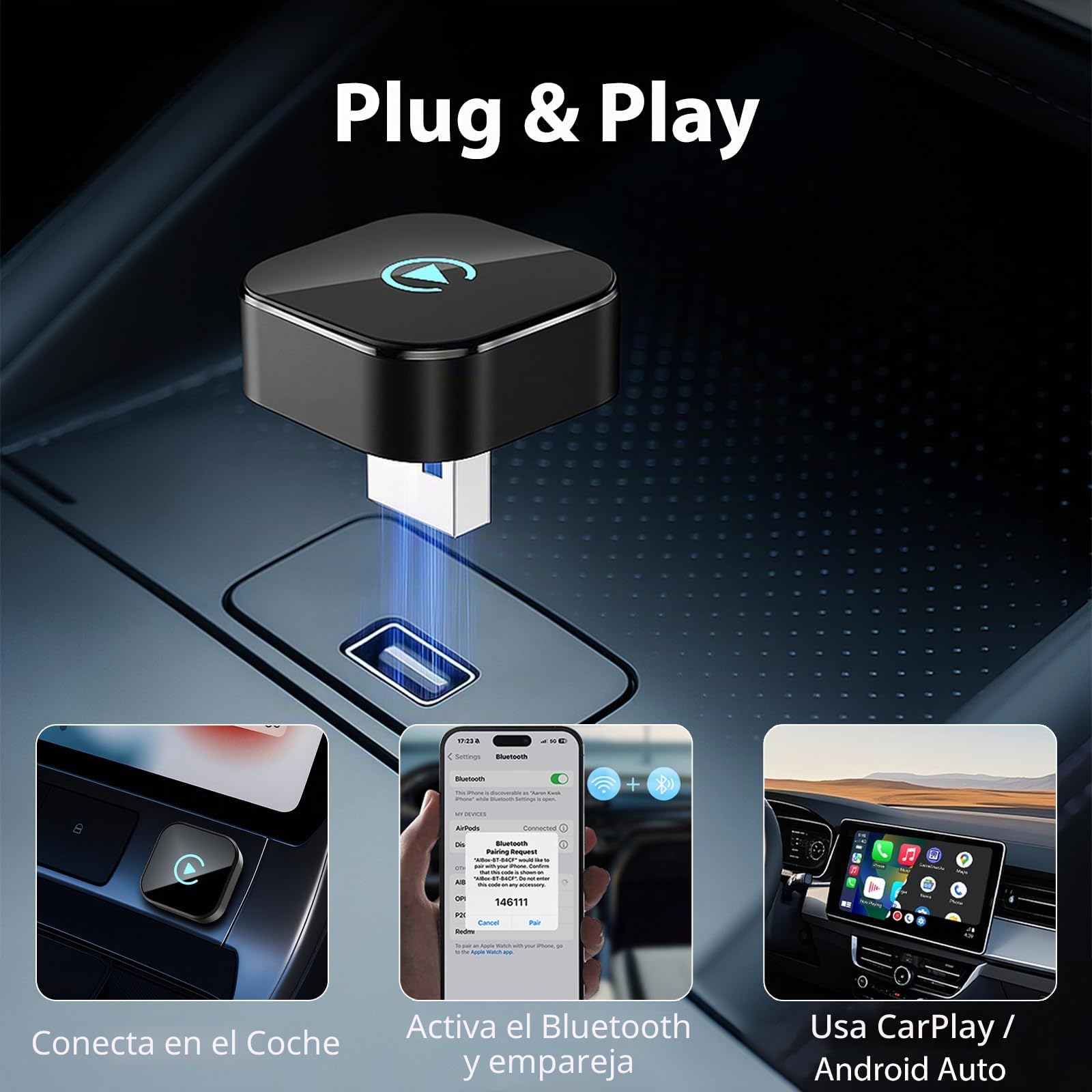 Sunweyer Mini Wireless CarPlay & Android Auto Adapter: actualización de Cable a inalámbrico, diseño Compacto de Menos de 1 Pulgada para Coches con Cable de fábrica (T Negra)