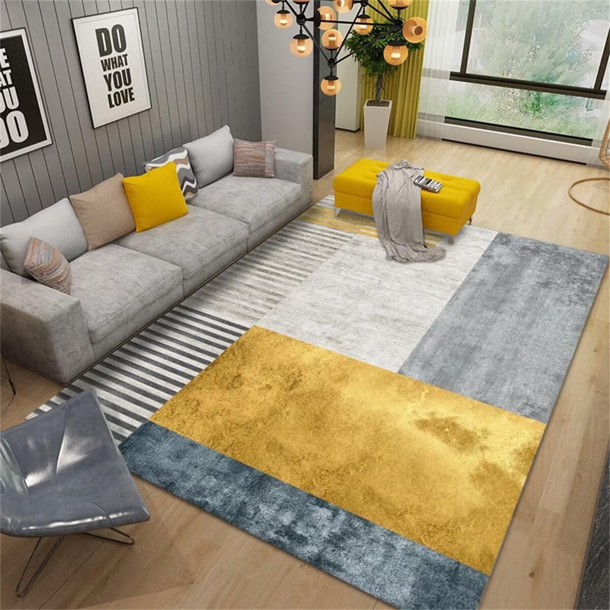 Tapis salon 160x200cm bleu gris jaune à rayures abstraites pour chambre