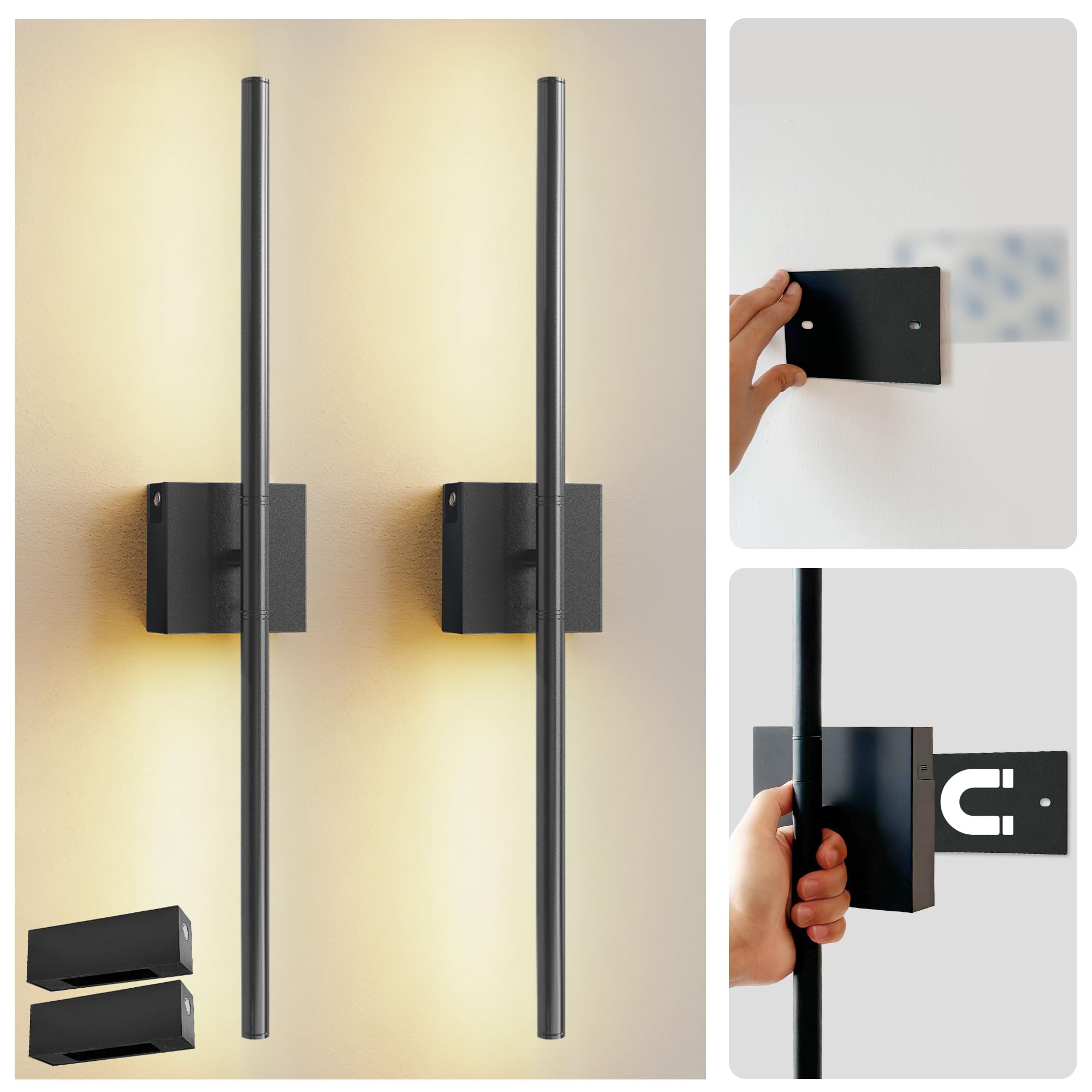 L LOHAS LED 24in Peel and Stick on Battery Operated Wall Sconces Set of 2, Magnetic Linear Wall Sconce Easy Install witg Removable Battery, No Drill, Sconces Wall Decor Set of for Livingroom, Black