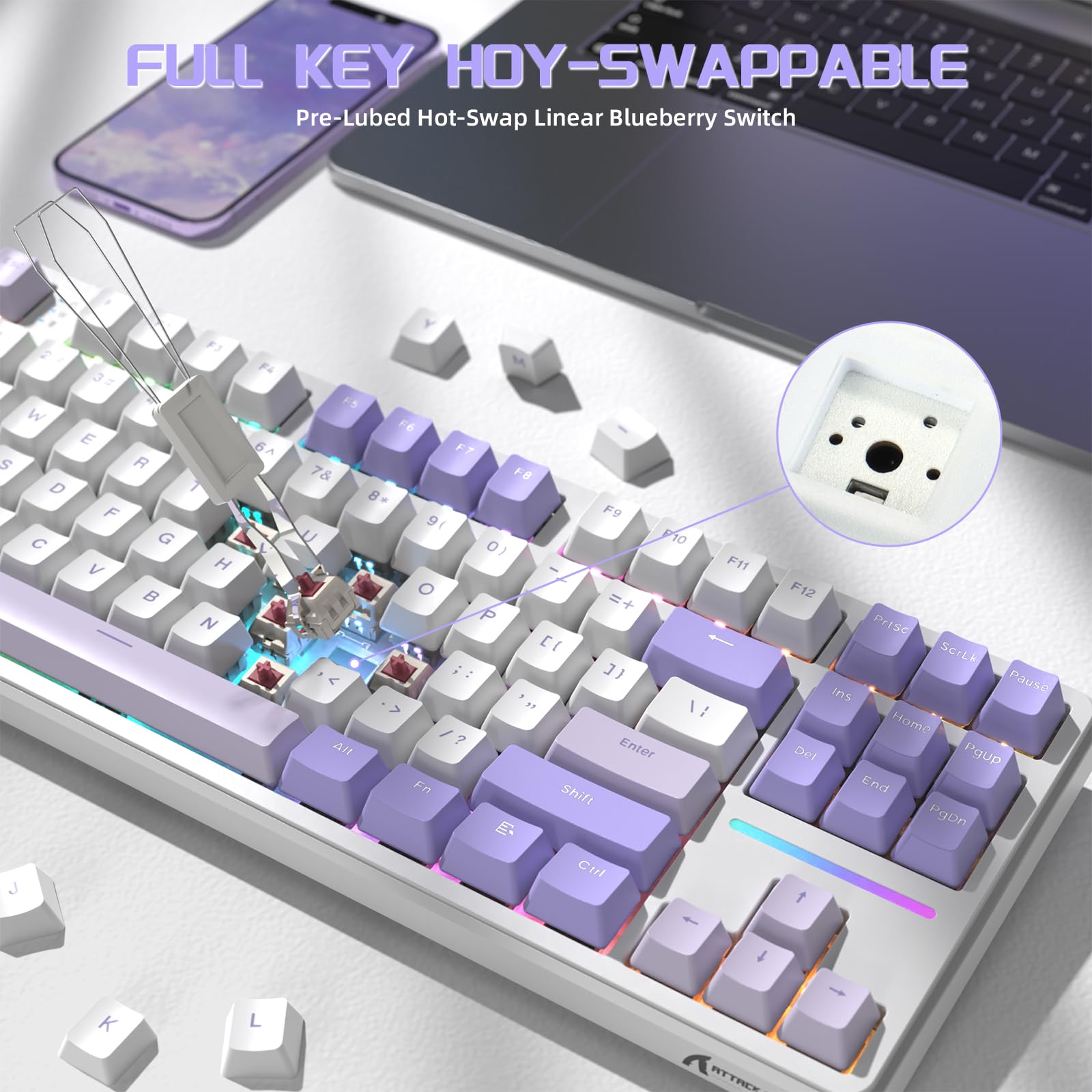 LexonElec X Attack Shark X87 Kabellose Gaming-Tastatur, Tri-Modus-BT/2.4G/Verkabelt, Hot-Swap-fähig, Linearschalter, 87 Tasten PBT-Tastenkappe, Dichtung Struktur, RGB-Tastatur(Lila)