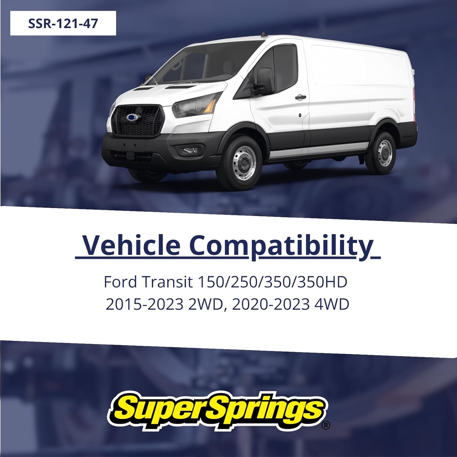 Image showing a white Ford Transit van with the text 'Vehicle Compatibility: Ford Transit 150/250/350/350HD 2015-2023 2WD, 2020-2023 4WD'.