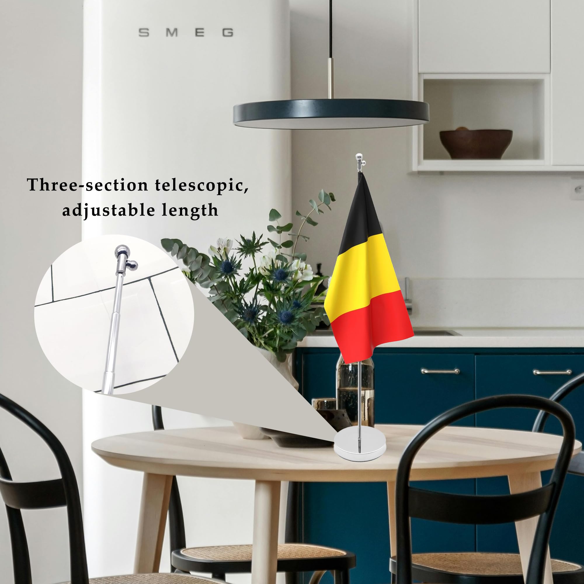 Supporto per Bandiera da Tavolo In Acciaio Inox con Base, Asta Telescopica per Bandiera da Tavolo Telescopica: 26-65cm per Tavolo, Ufficio Domestico, Feste (Argento)
