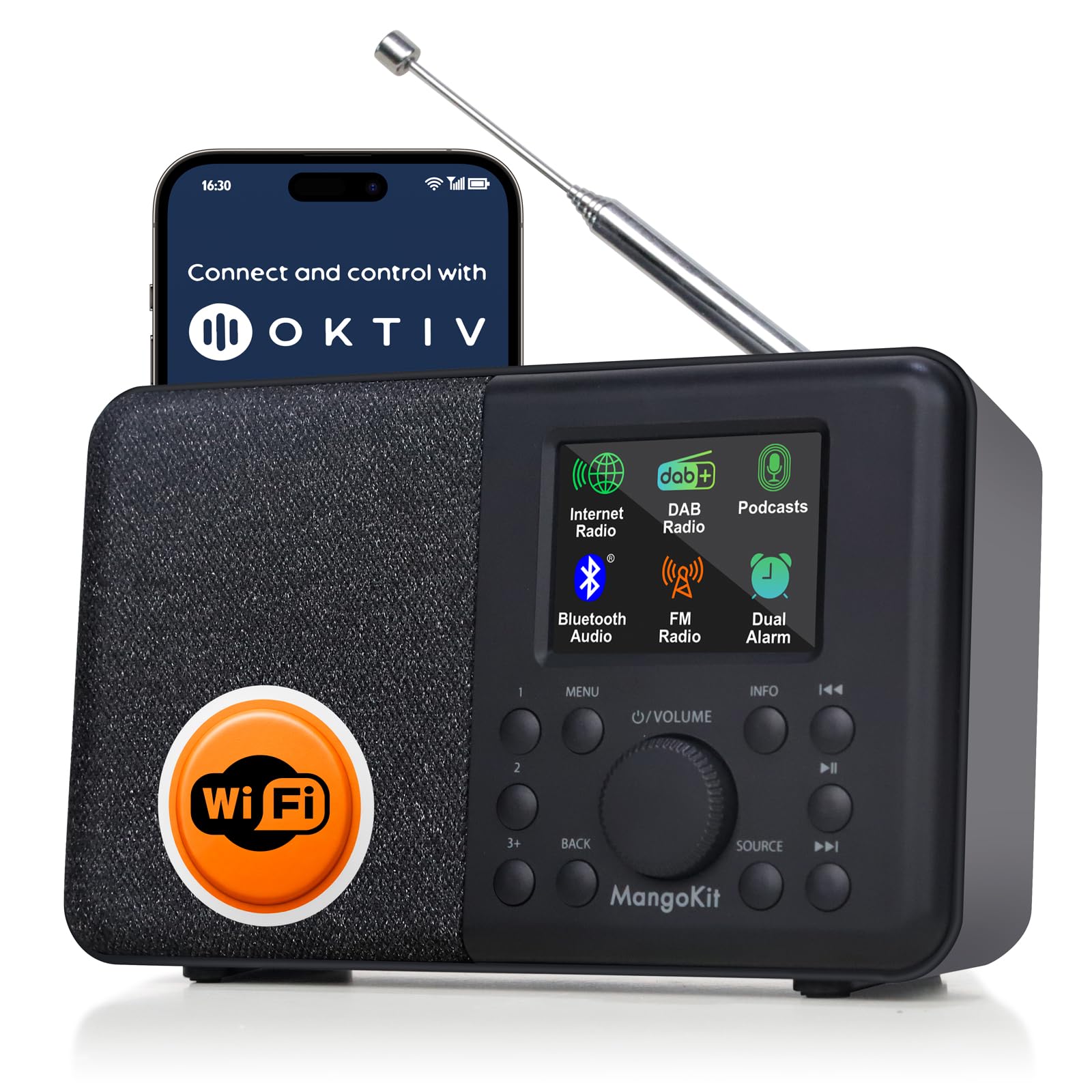SR10 radio internetowe WiFi z Smart DAB+ i Bluetooth, FM, radio kuchenne z zasilaniem sieciowym i baterią, kolorowy wyświetlacz, podwójny alarm