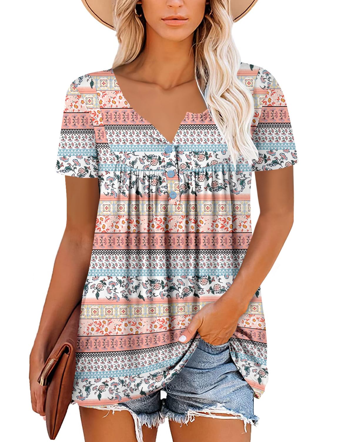 KISSMODA Ladies Pleated Tunic Tops for Women Buttons up Long Sleeve Shirts Floral Print — view 2