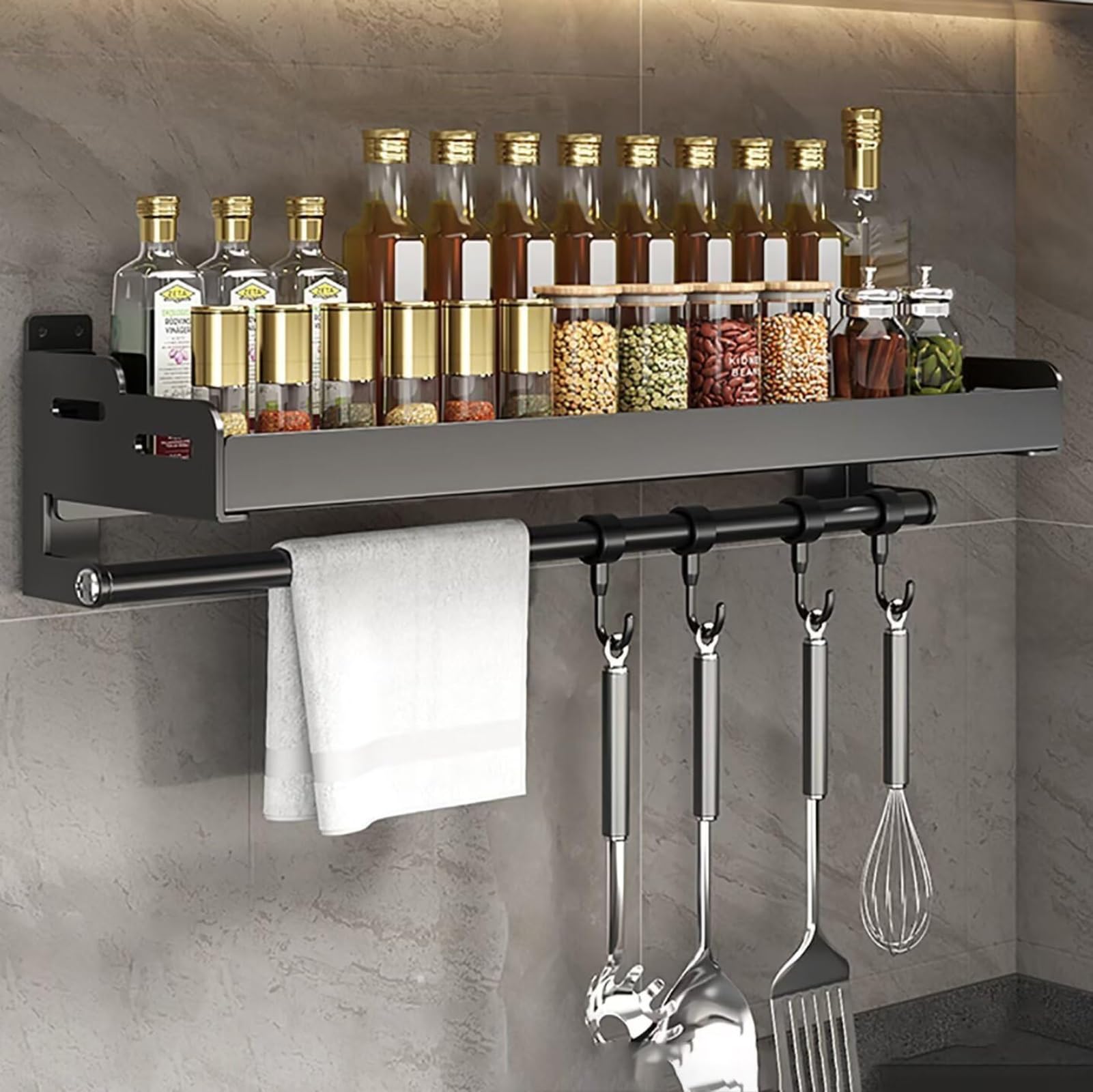 ZxrFxr Hanging Spice Organizer, Wall Mounted Kitchen Rack, Stainless Steel Kitchen Shelf, No Drill Spice Rack with Towel Holder, Ideal for Bathroom and Kitchen (Color : Gray, Size : 40cm)