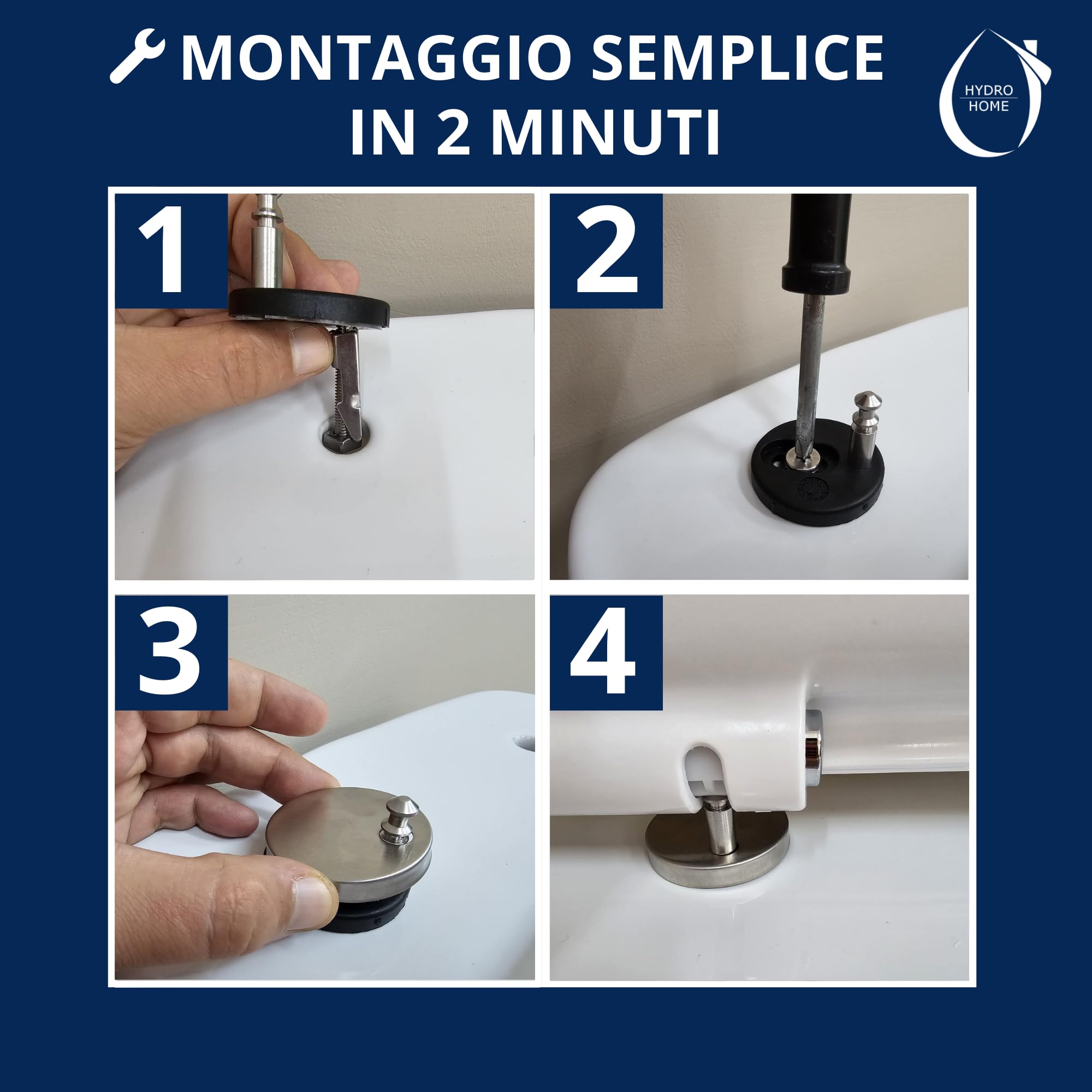 HYDRO HOME Copriwater Forma Rettangolare Super Sottile Slim Chiusura Ammortizzata e Sgancio Rapido Compatibile con vari modelli, Plastica Termoindurente Cerniere Regolabili fissaggio dall'alto Bianco