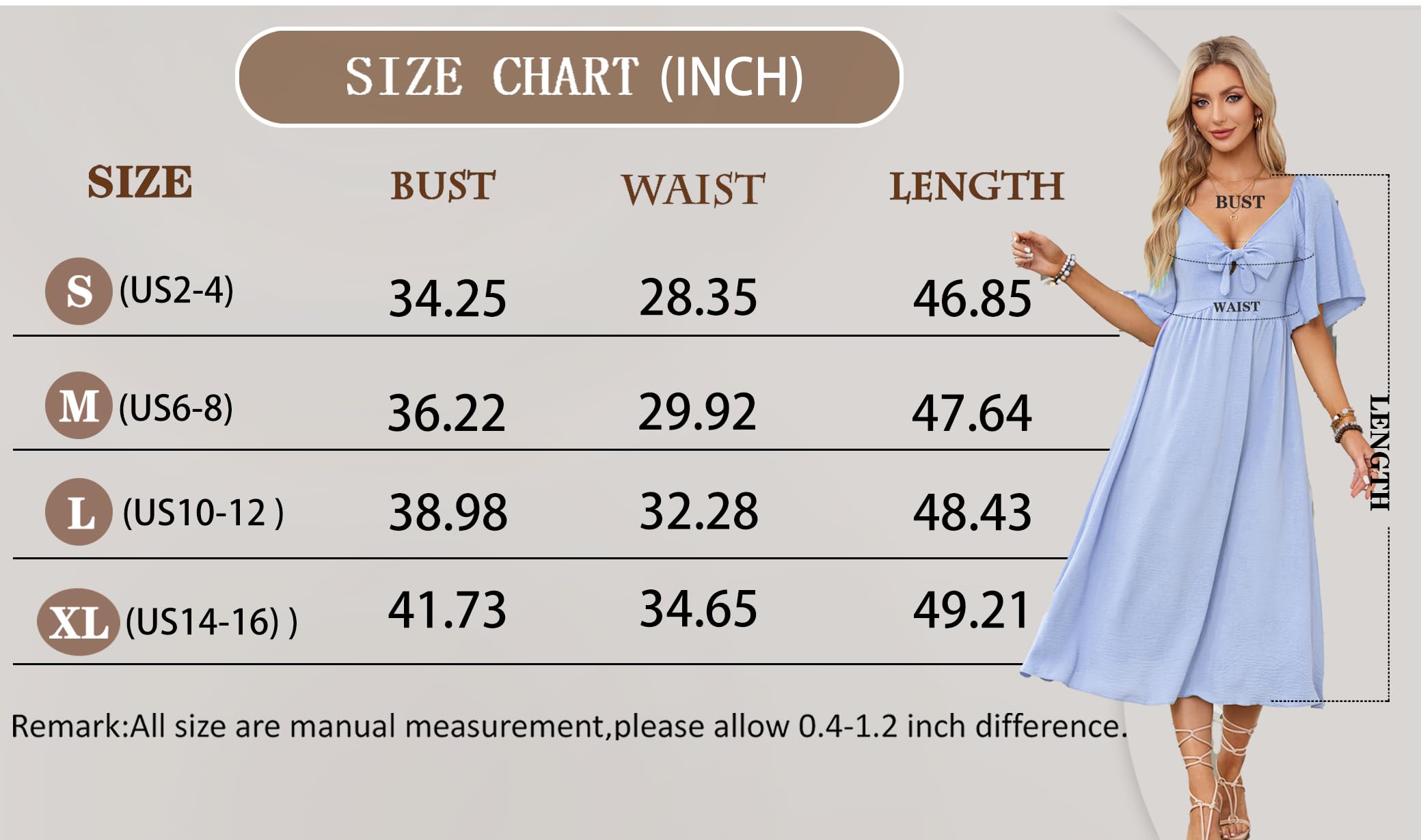 GOLDSTITCH Vestido de verano para mujer, casual, manga corta, corbatín, cuello en V, cintura alta, acampanado, vestido midi fluido
