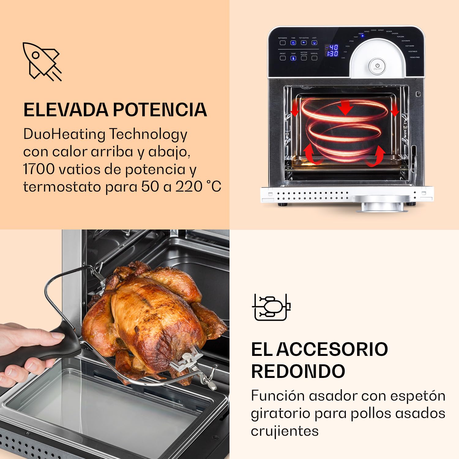 Klarstein AeroVital Cube Chef - Freidora de Aire, Airfryer 1700 W, Pantalla Tactil, 16 Programas, 50-220 C, 14 L, Inicio Diferido aprox. 10 h, Tecnologia DuoHeating, Acero Inoxidable, Plata