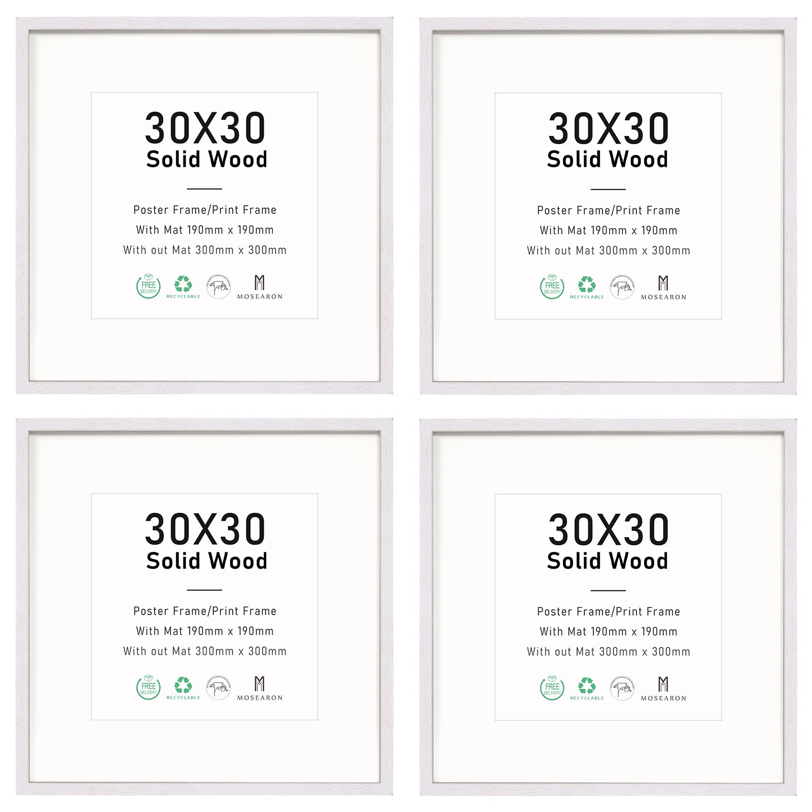 12x12 Certificate Picture Frame,White Wood Photo Frame with mount for 8x8 print,Poster Frame with plexiglass for Wall Mount Display,30x30 cm,Set of 4