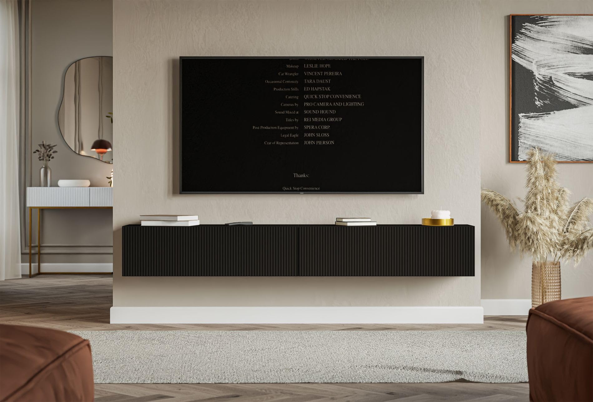 Selsey TV-Lowboard Hängend 200 cm Mattes Schwarz 4 Geräumige Fächer Elegante Geprägte Front Laminierter Korpus MDF Front Robust ABS Kanten Für Fernsehzubehör