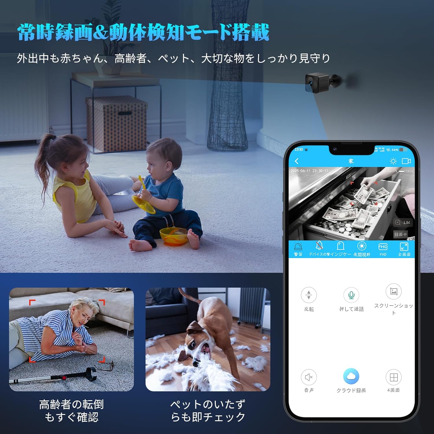 ERYITRDK A19 Mini Security Camera showing continuous recording and motion detection modes, with examples of monitoring children, elderly, and pets.