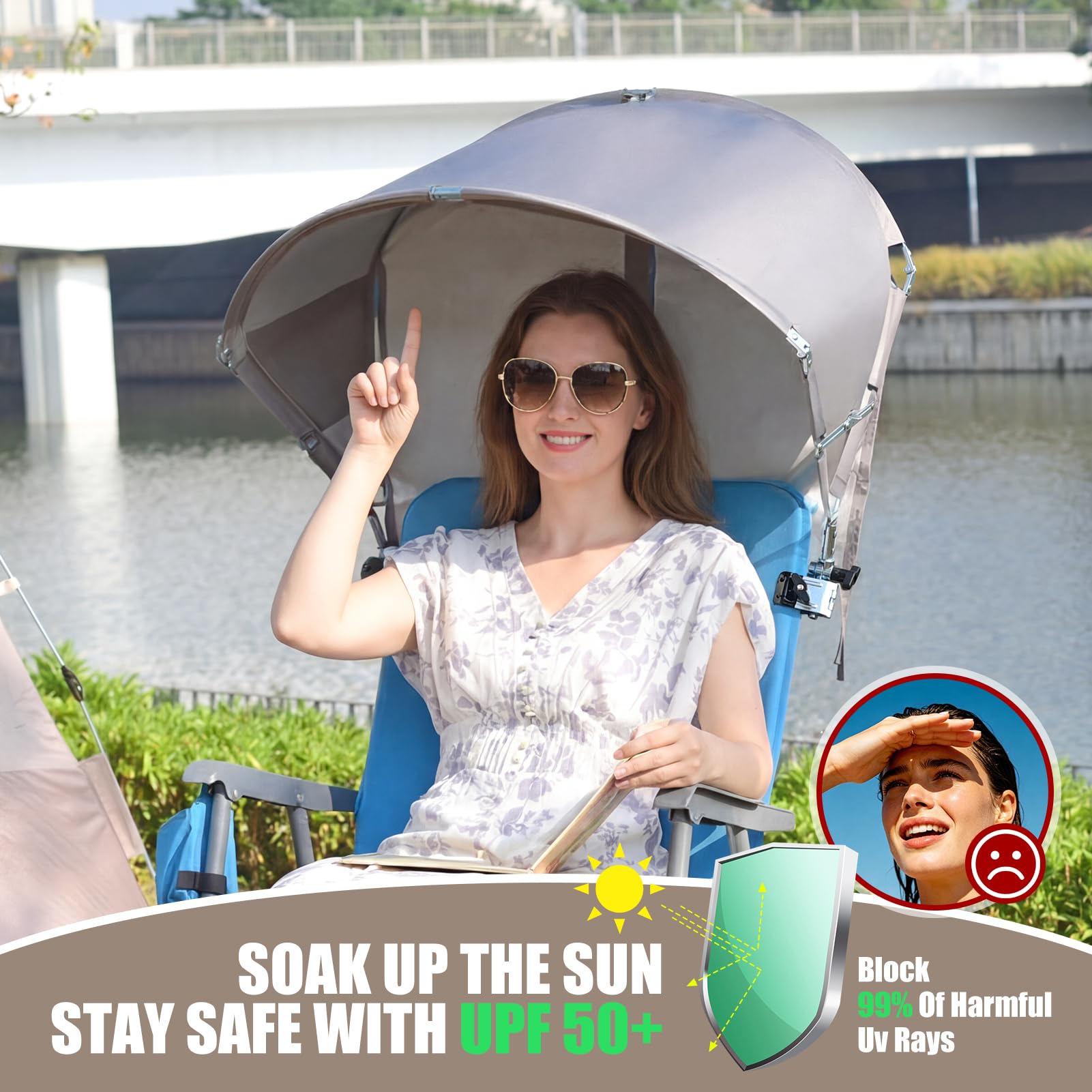 Universal Wind-Resistant Chair Umbrella Canopy, Foldable Portable UPF 50+ Sun Shade Attachment with Adjustable Clamp, Fits Most Beach, Camping, Lawn, Sports, Tanning, Zero Gravity Chairs & Wheelchairs — view 6