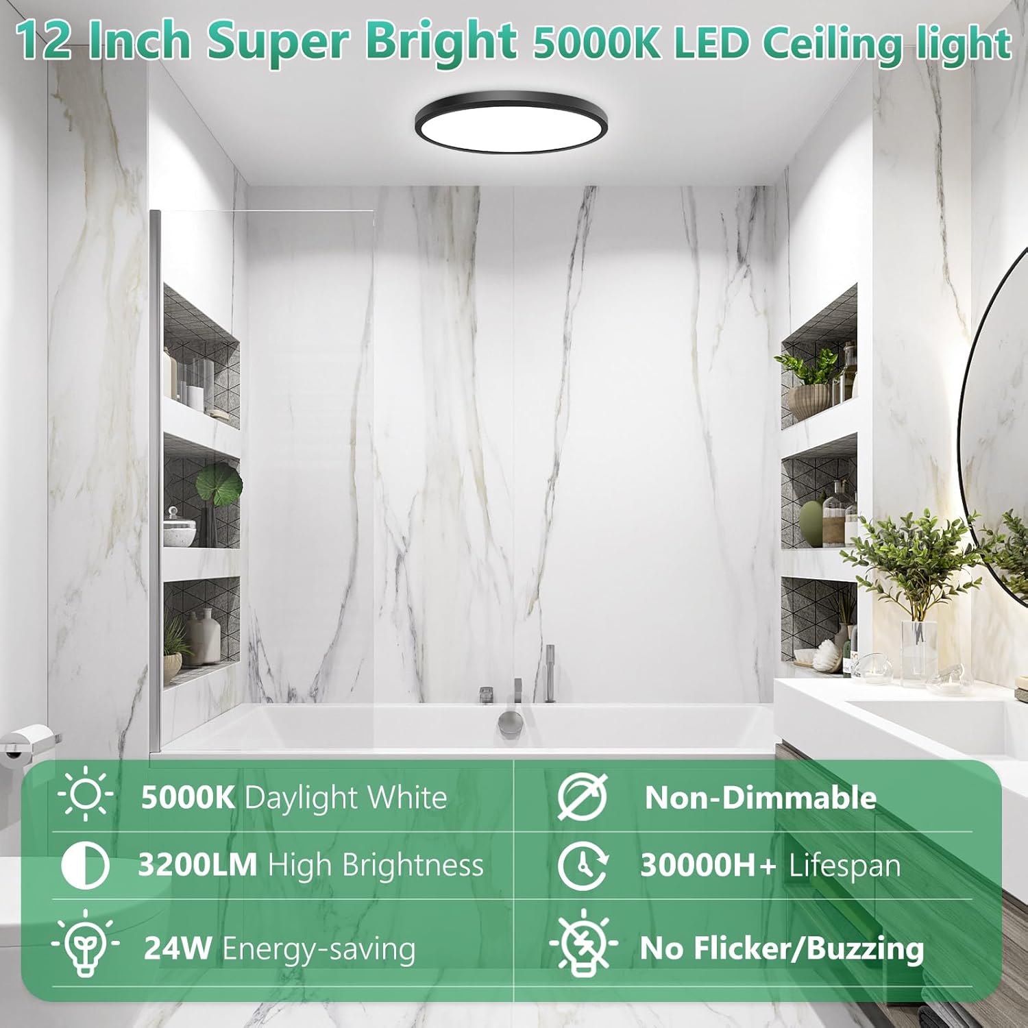 Brightever Black LED Flush Mount Ceiling Light, 12 Inch 3200LM, 240W Equivalent Hallway Light Fixtures, 5000K Daylight White 0.67 Inch Thickness Light Fixture Ceiling Mount, Non-Dimmable, 4 Packs