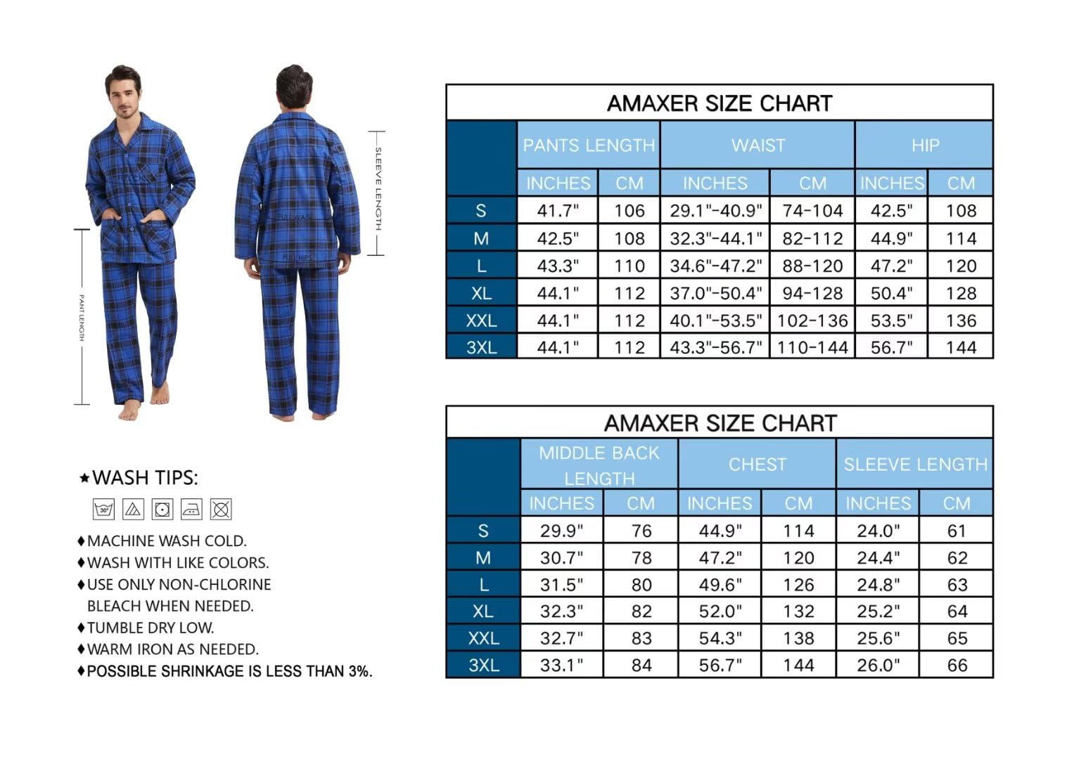 Amaxer Pigiama Cotone Uomo Lungo 100% Flanella Invernale Indumenti da Notte Top a Manica Lunga con Tasche Pantaloni con Coulisse