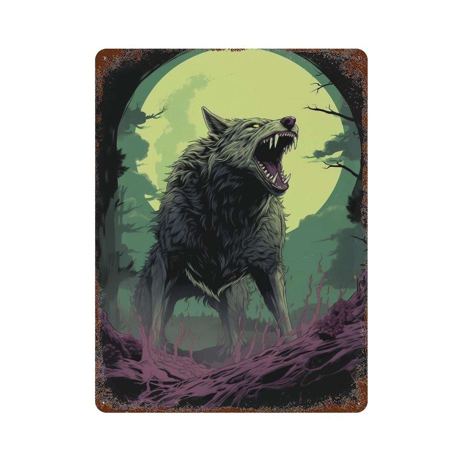Rust Effect Horrific Wolf Distressed Metal Wall Sign 15.7"x11.8", Decorative Metal Wall Art for Living Room, Hallway And Home Decor
