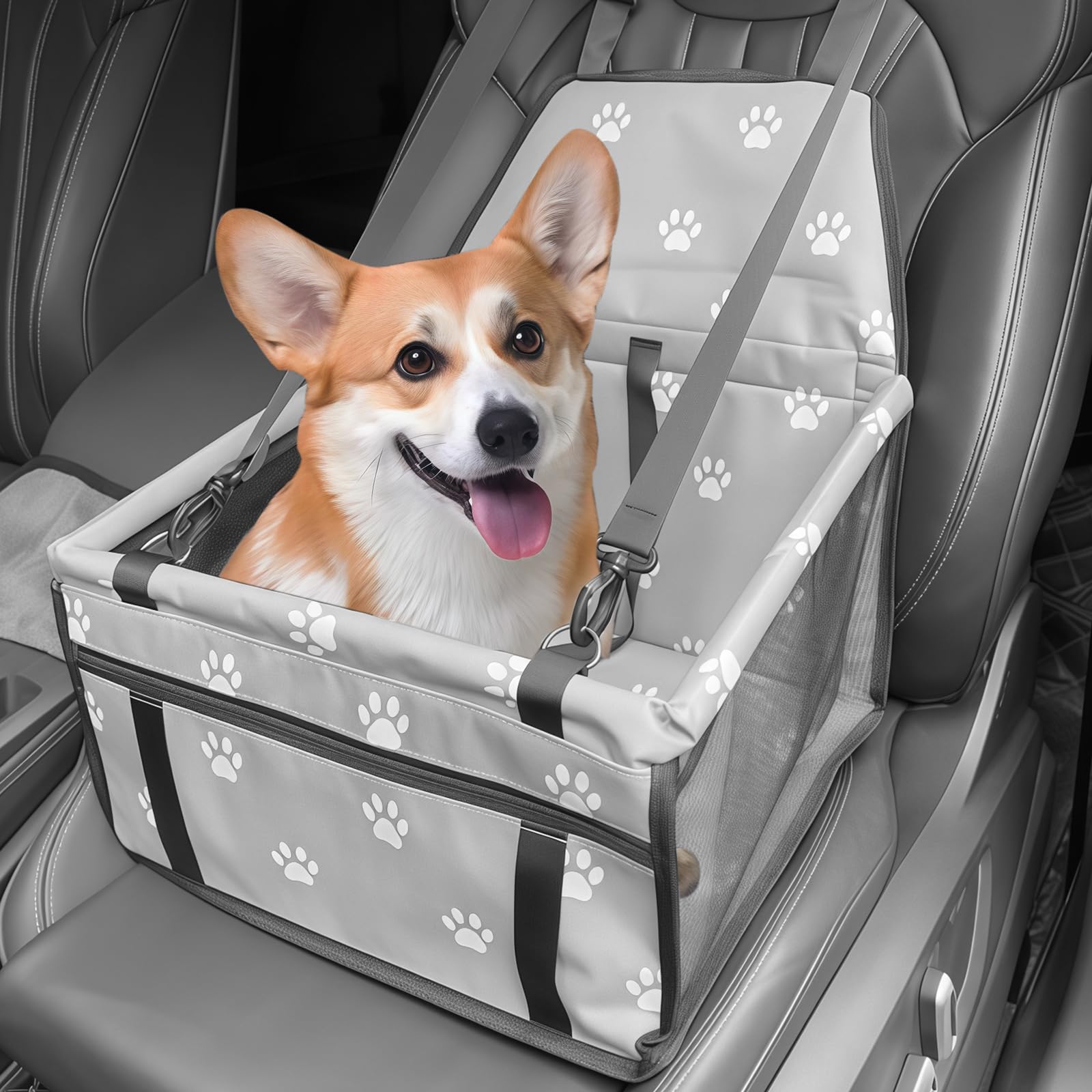 Asiento de coche para perros extra estable: 40 x 32 x 22 cm, resistente al agua, transpirable, asiento de coche para perros con cinturón de seguridad, asiento de coche para gatos y otras