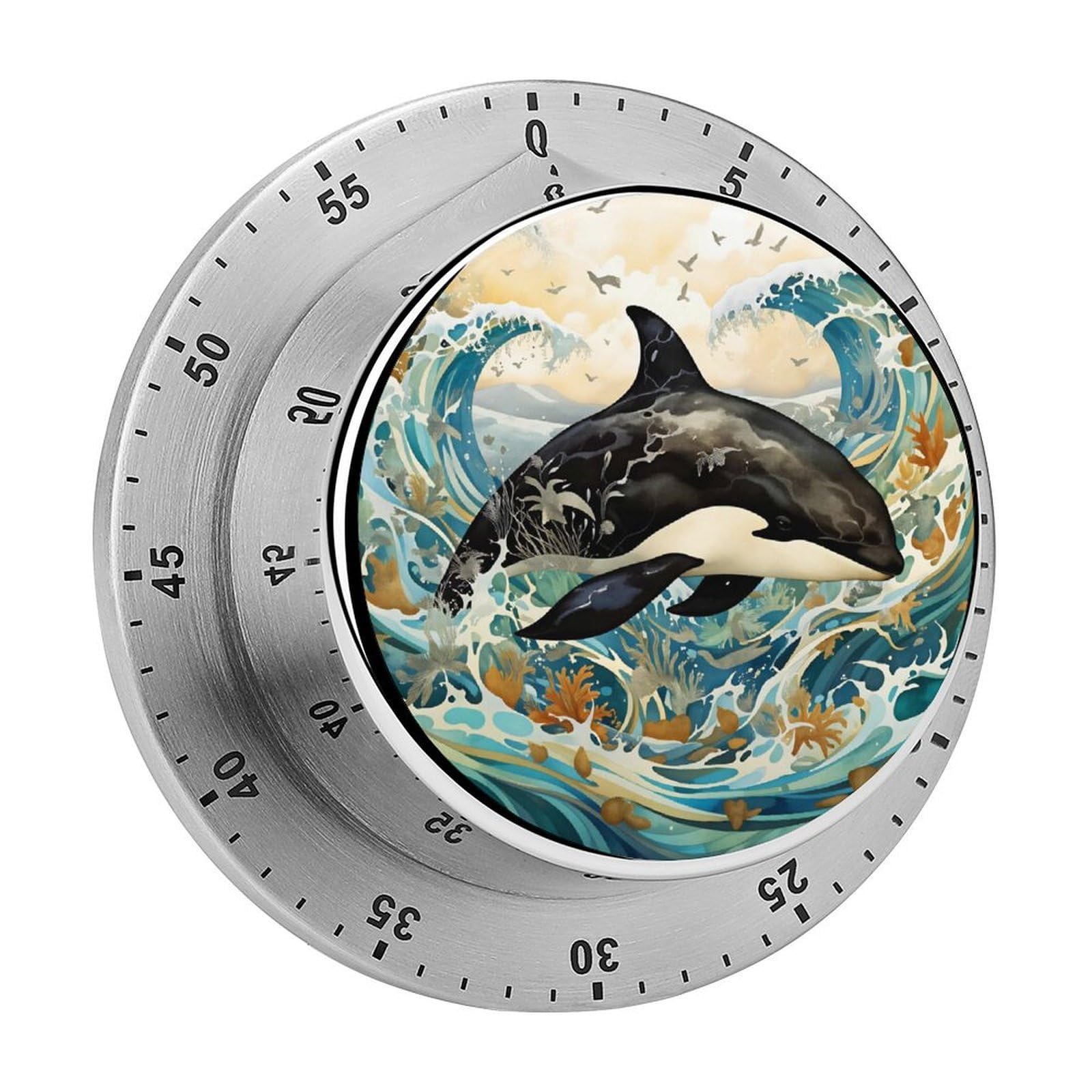 Sea Wave Orcas Killer Whale 60 Minute Wind Up Timer,Visual Mechanical Magnetic Timer with Loud Alarm for Kitchen