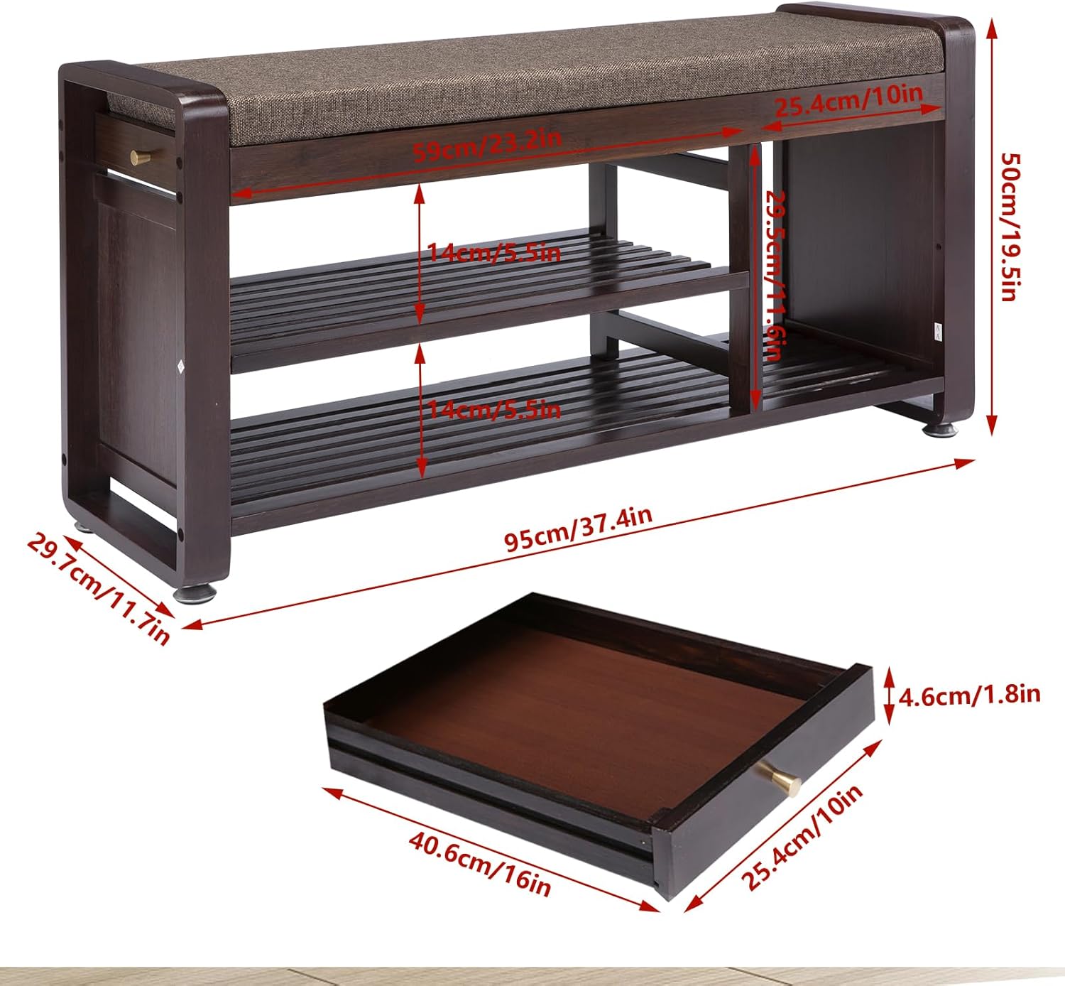 Bamboo Shoe Storage Bench, 3-Tier Shoe Rack with Padded Seat Cushion, Shoe Organizer Shelves for Entryway, Living Room, Bedroom, Hallway, Grey 37.4”