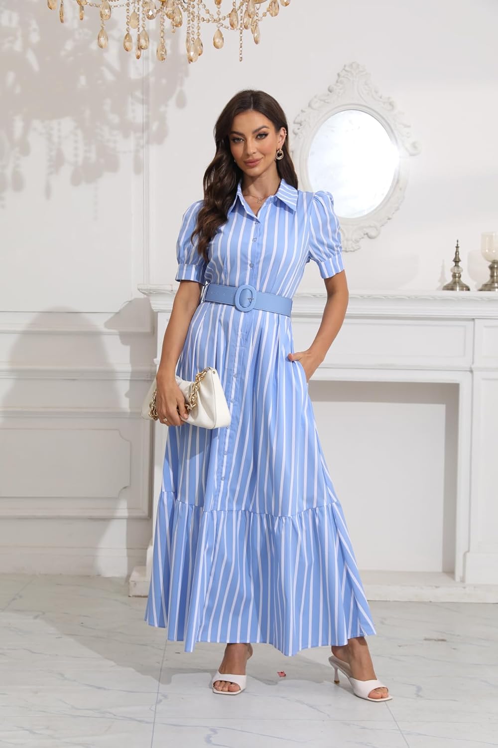 utcoco Womens Striped Button Down Shirt Dress Casual Puff Short Sleeve Ruffle Hem Maxi Dresses with Belt - Image 5