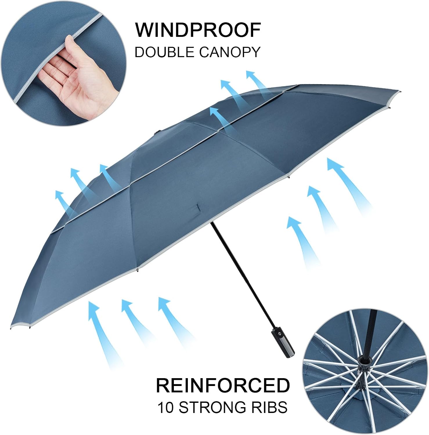 G4Free 54/62 Inch Windproof Inverted Umbrella with Reflective Stripe Large Compact Reverse Golf Umbrella for Rain 10 Ribs Double Canopy Travel Umbrella Automatic Open Close - Image 3