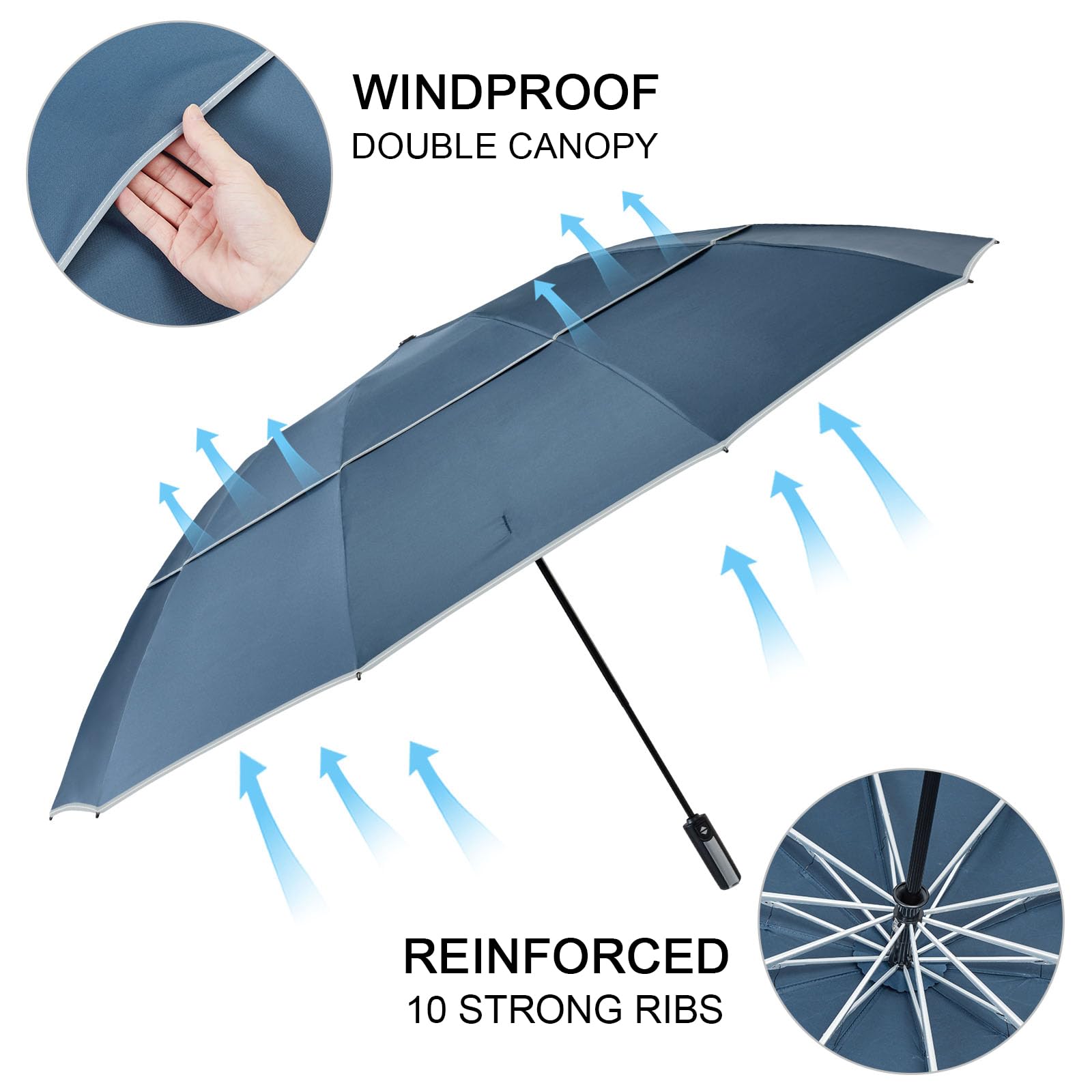 G4Free Wiatroszczelny, odwrócony parasol z odblaskowym paskiem, duży, kompaktowy, odwrócony parasol golfowy na deszcz, 10 żeber, podwójny baldachim, parasol podróżny, automatyczne otwieranie i
