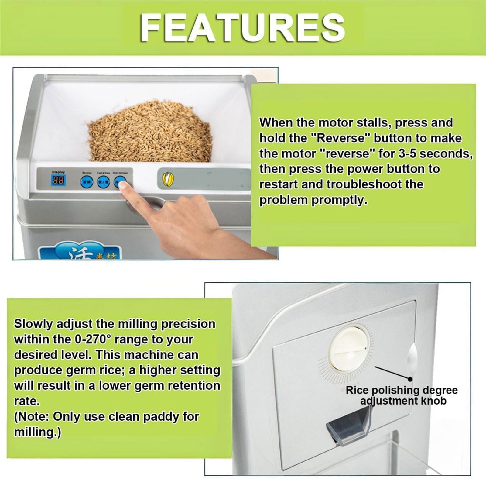 Fresatrice elettrica per riso, 500 W automatico di risaia e sbucciatore di riso, capacità 30 kg/h, ideale per uso domestico e piccole aziende agricole, separatore di crusca di riso