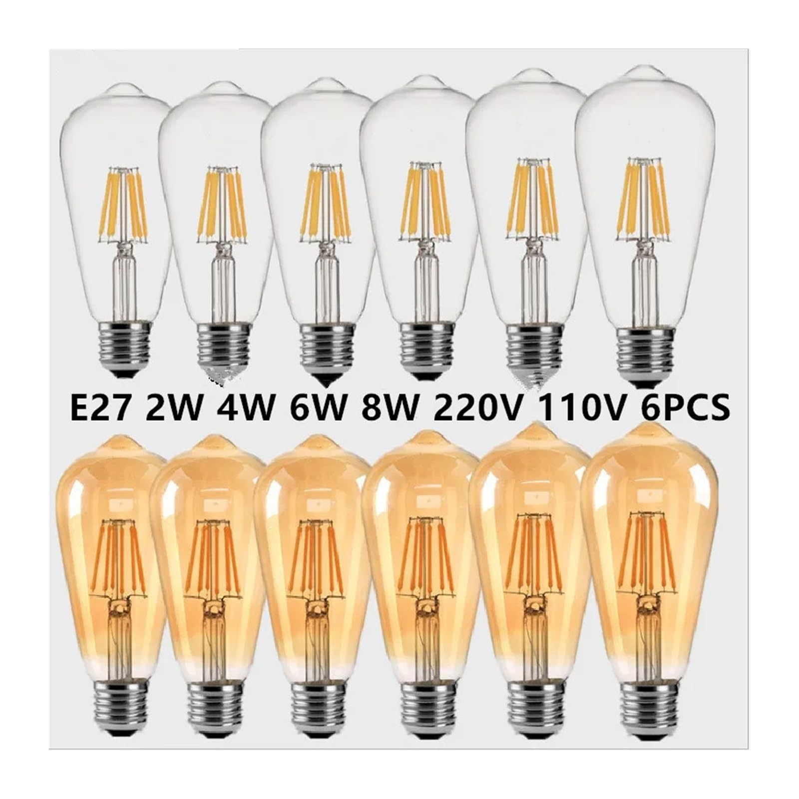 6 sztuk LED ST64 2W 4W 6W 8W DC 220V 110V możliwość przyciemniania złota żarówka z żarnikiem E27 B22 światło Vintage lampa edisona retro złoty wygląd szkła (Size : Warm white, Material : YES_8W 220V