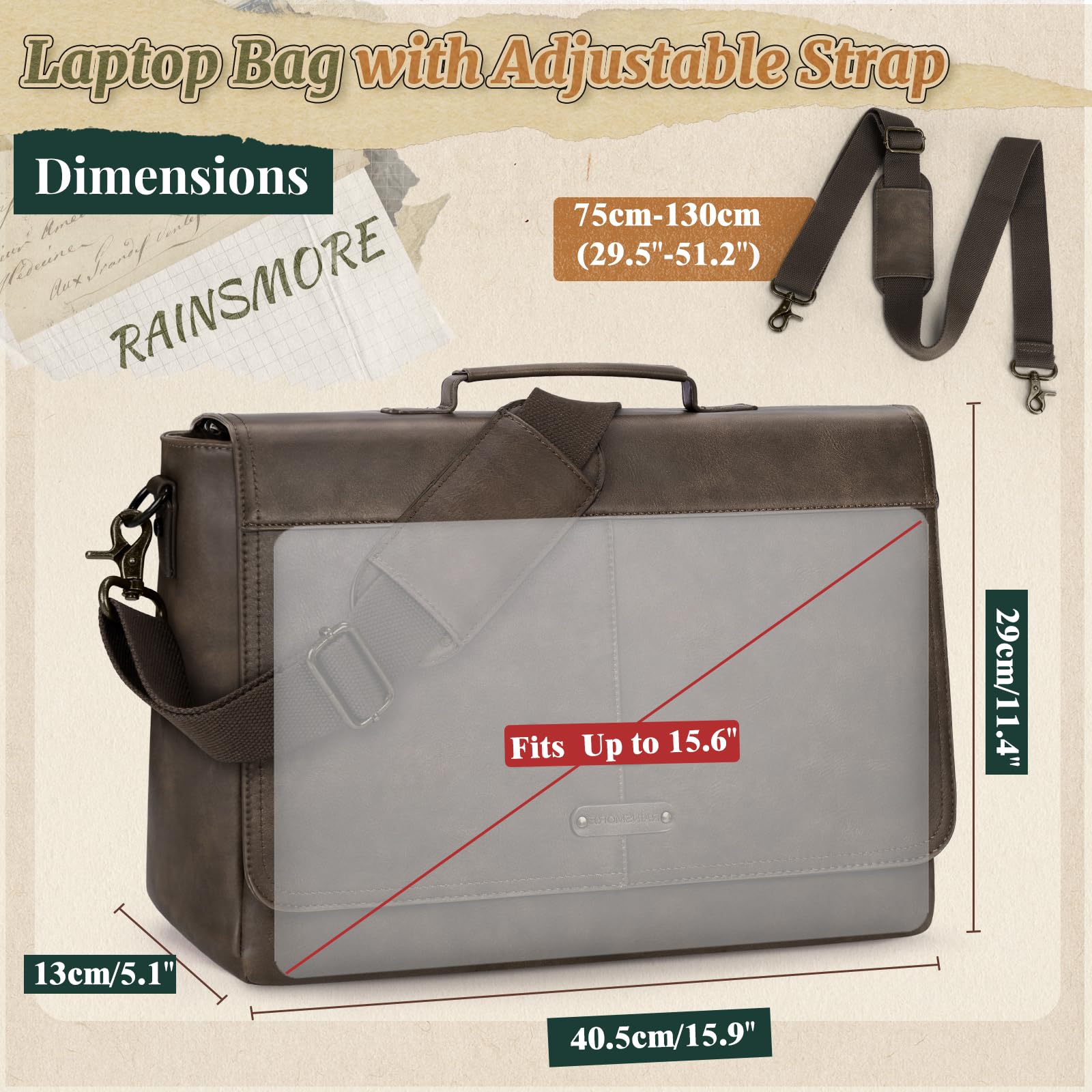 RAINSMORE Aktentasche Herren 15,6 Zoll Laptoptasche Wasserdicht - Business Messenger Bag Herren Umhängetasche aus PU Leder - Vintage Arbeitstasche & Schultertasche für Büro & Uni