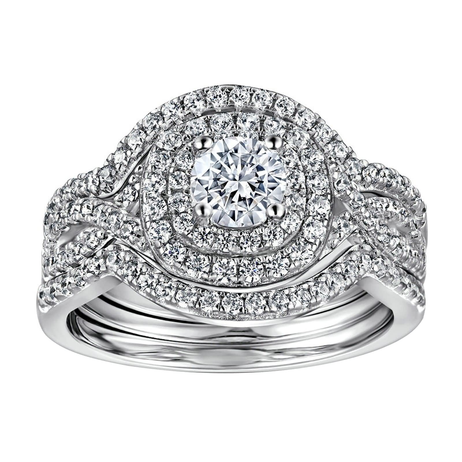 Anelli Argento Sterling Donna,Anello Matrimonio Set di Anelli con 4 Griffe Rotondo Zirconia Cubica Argento FEDI Nuziali Donna